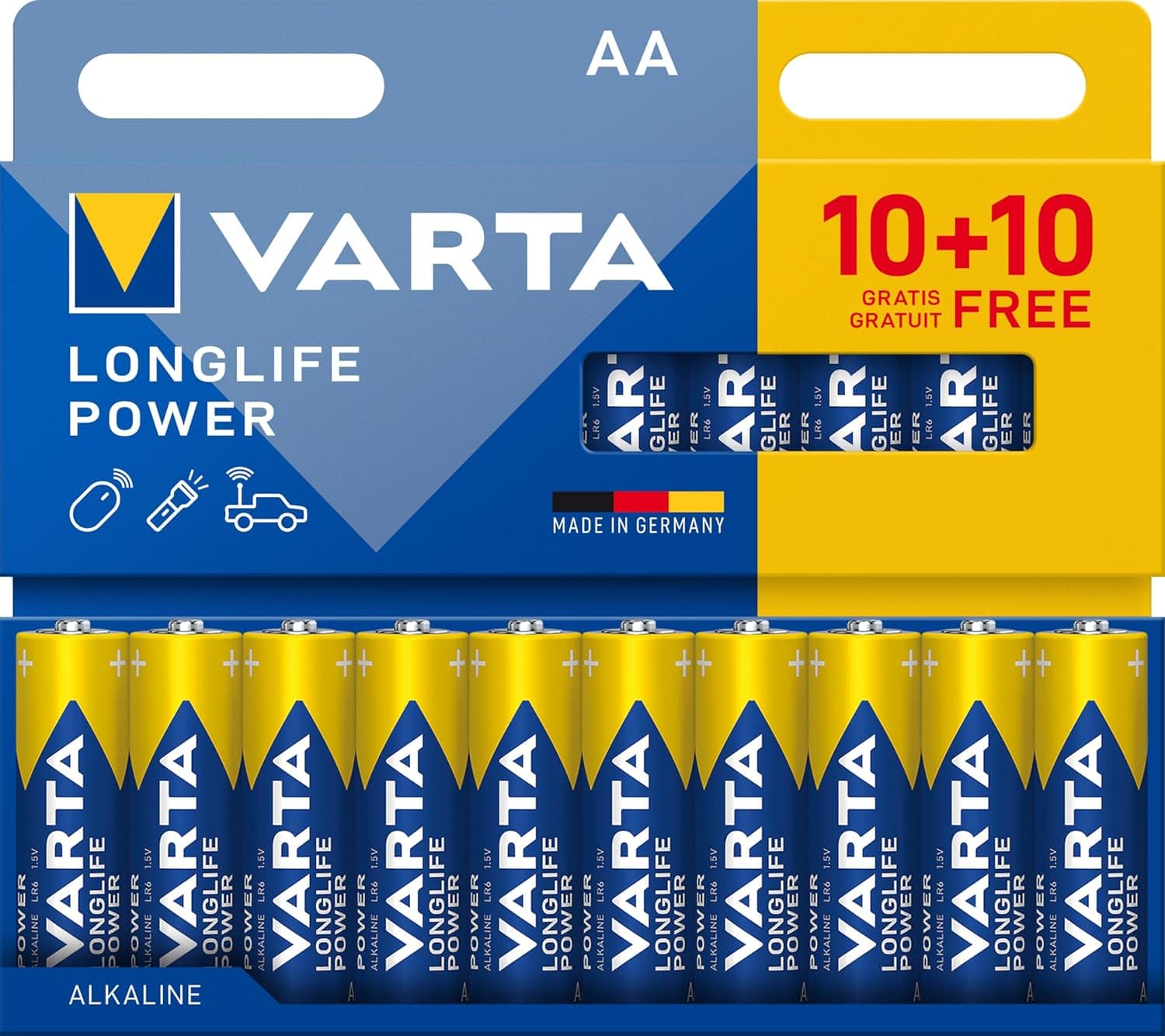VARTA Piles AA, 10+10 (lot de 20), Longlife Power, Alcalines, 1,5V, emballage recyclé à 90%, adaptées aux jouets, souris sans fil, lampes de poche, Made in Germany | pile AA LR6, Made in Germany, conservation jusqu'à 10 ans, pour console de jeux, brosse à dents, souris ou manette