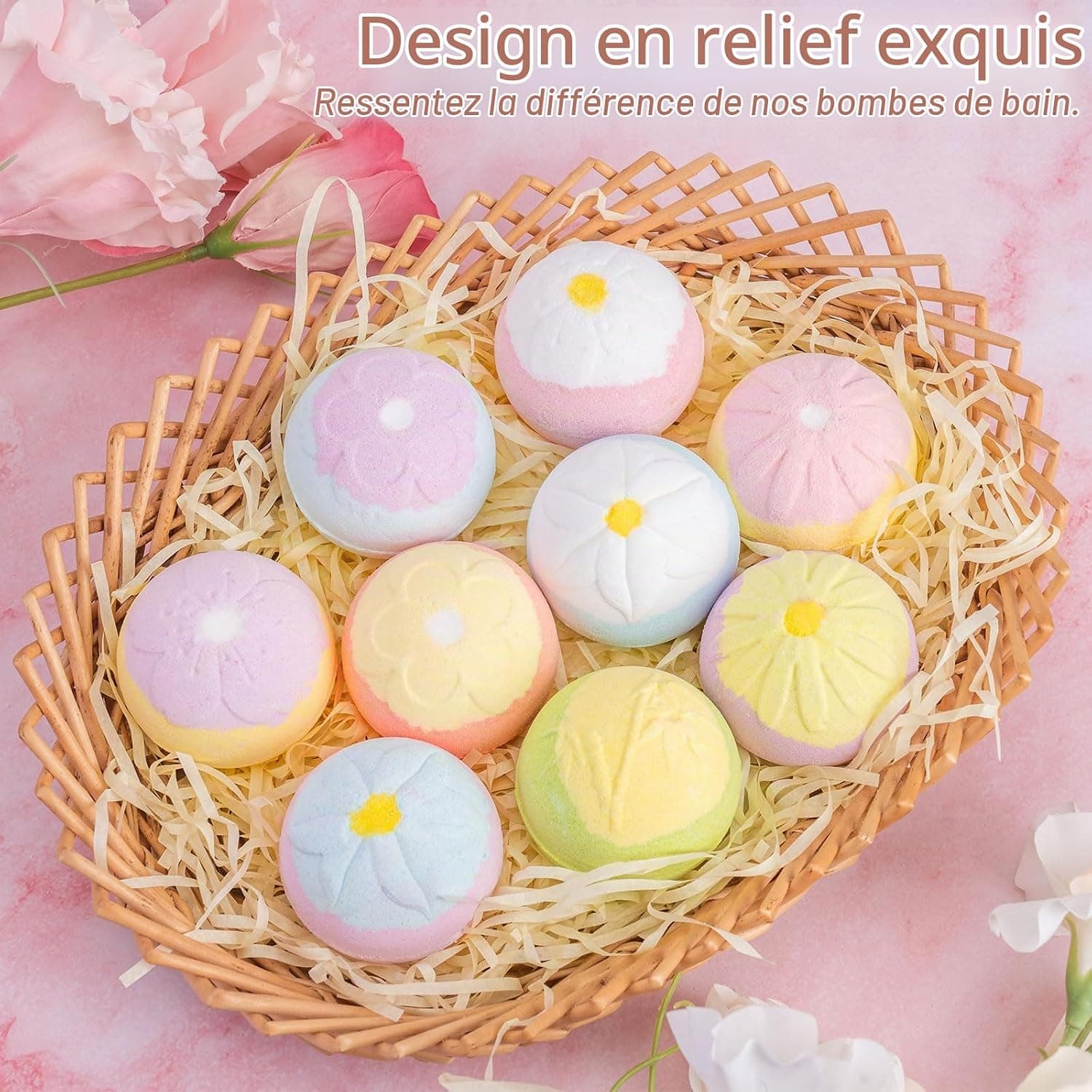 Coffret cadeau de 9 bombes de bain, cadeau d'anniversaire, sels de bain gazéifiés, huiles essentielles, bombe de bain, hydratant pour la peau (bombe de bain en forme de fleur)