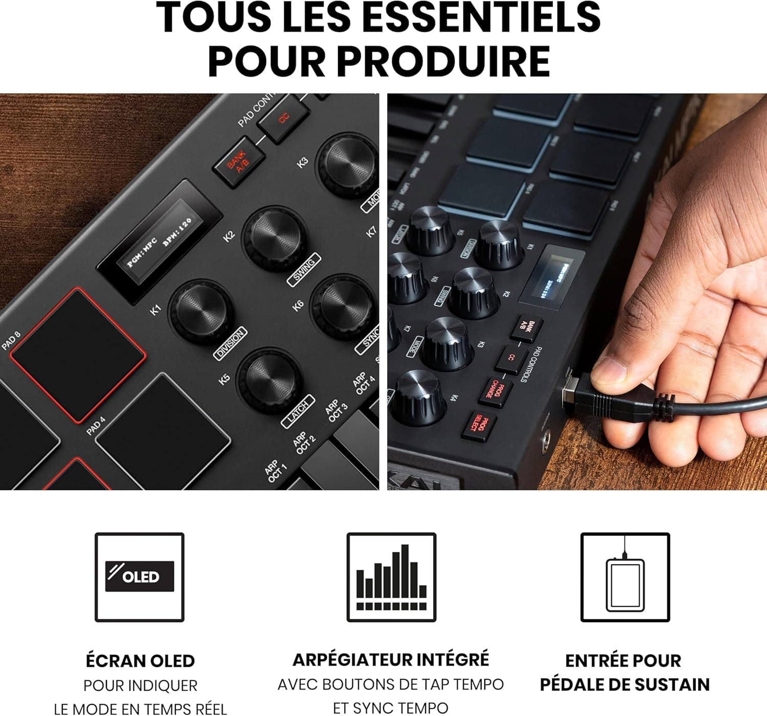 Akai Professional MPK Mini MK3 Clavier MIDI USB 25 Touches, Noir | Touches Mini Sensibles à la Vélocité, 8 Pads MPC, 8 Boutons, Logiciels Inclus, pour Beatmakers, Producteurs et Home Studio