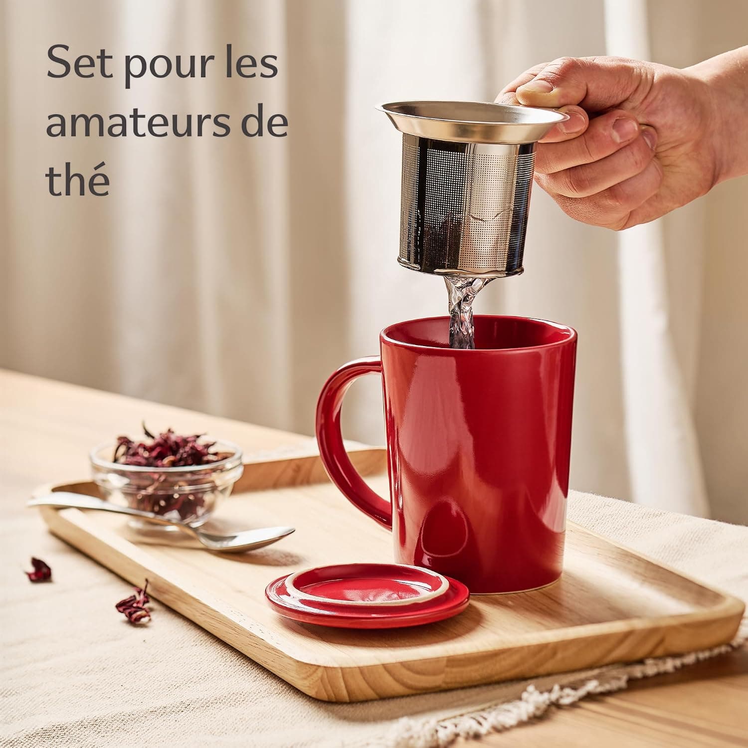 Cosumy Tasse à Thé avec Infuseur et Couvercle 400ml Grand - Céramique - Reste Chaud Longtemps (Rouge Rubis)