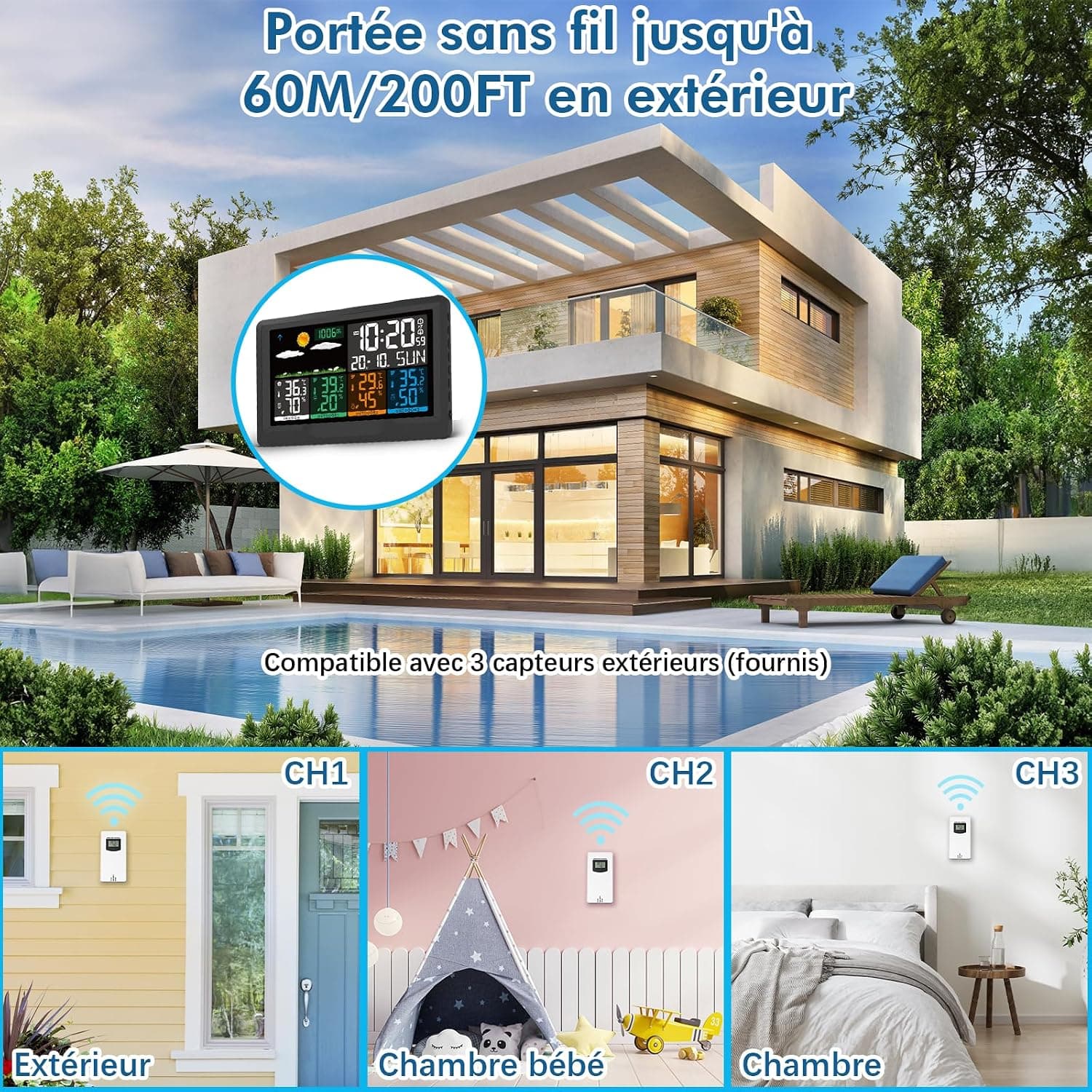 Station Meteo Interieur Exterieur Sans Fil avec 3 Capteurs, Écran Couleur, Station Météo avec Baromètres, Prévisions Météorologiques, Thermomètre Hygromètre, Affichage Température et Humidité, Réveil