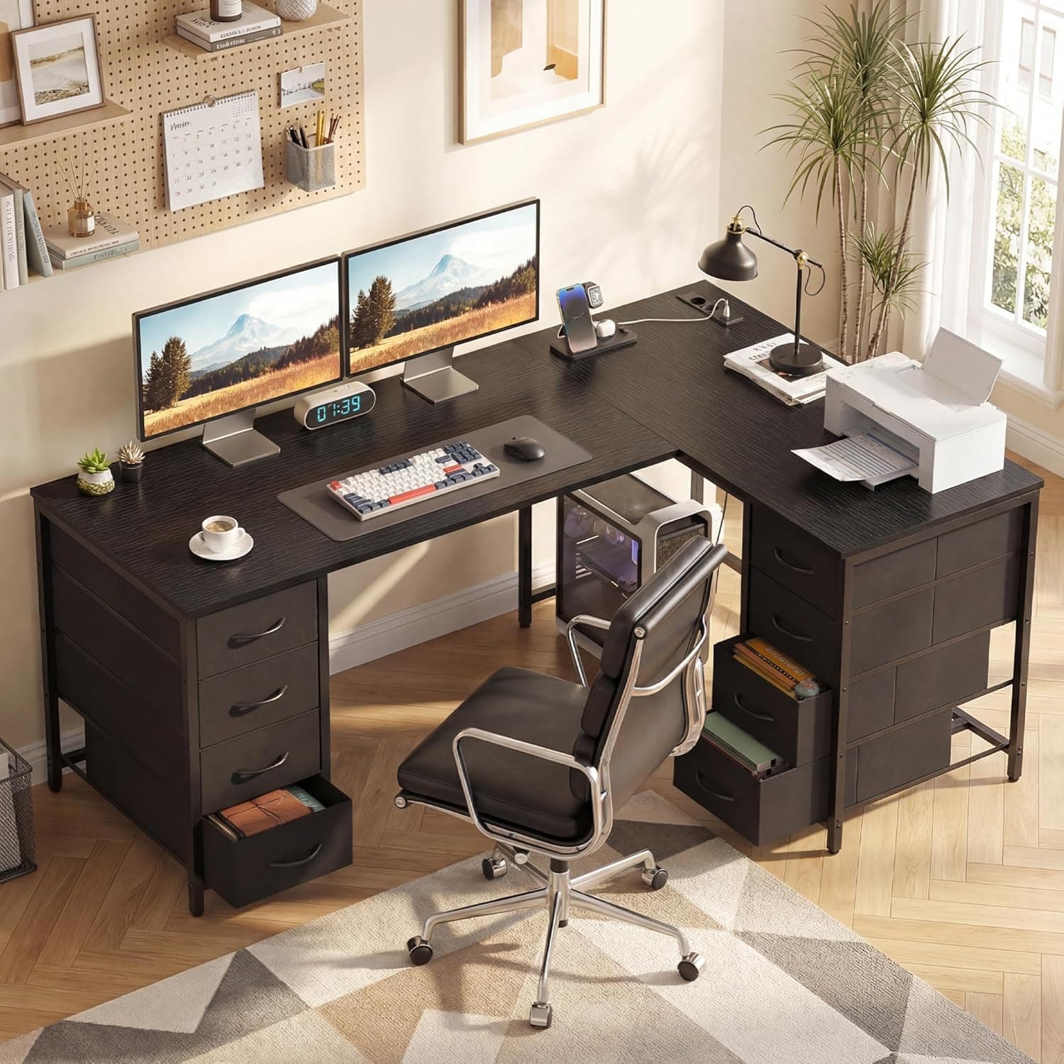 YOUDENOVA Bureau d'angle en forme de L, 150 x 100 cm, avec 8 tiroirs, bureau d'ordinateur avec prise et port de charge USB, noir