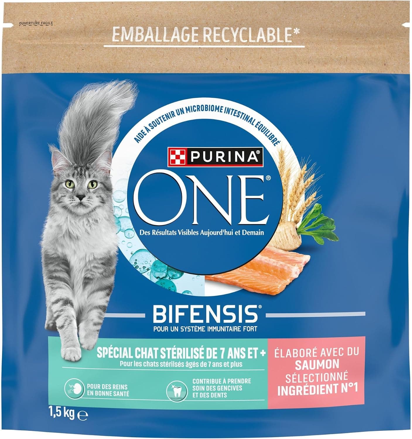 PURINA ONE Bifensis - Croquettes Chat Senior 7+ au Saumon - Sac de 1,5 kg | Croquettes Chat Senior Saveur Saumon - Soutient les fonctions vitales, l'immunité et protège le microbiome - Santé Chat