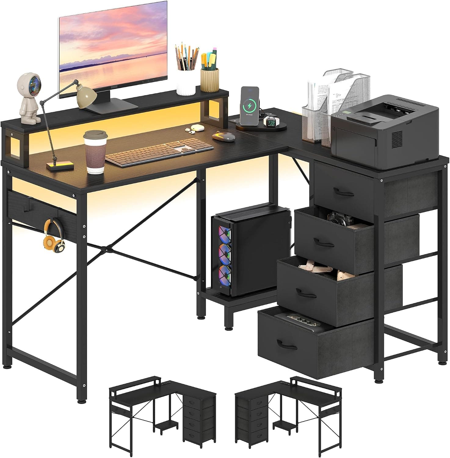 YITAHOME Bureau d'angle 4 Tiroirs USB Prise Réversible 130x100cm Noir