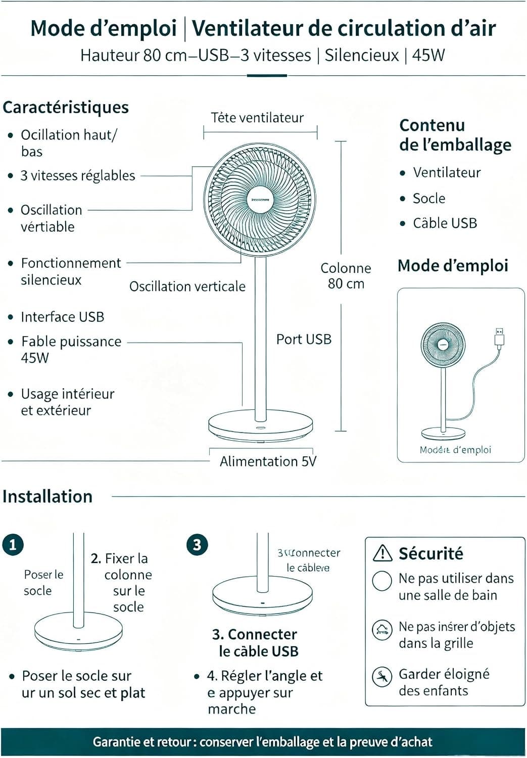 Ventilateur sur Pied USB | 3 Vitesses Réglables | Oscillation Manuelle Haut/Bas | Hauteur 80 cm | Faible Puissance 45 W | Ventilateur de Sol Stable et Silencieux | pour Maison Chambre Appartement