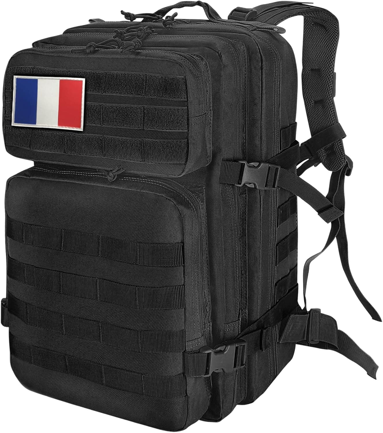 HEMSO Grand Sac à Dos Militaire 45L,Sac de Voyage Système MOLLE,Sac Crossfit de Sport pour Randonnée Trekking Moto Camping Voyage Pêche Alpinisme École (Noir)