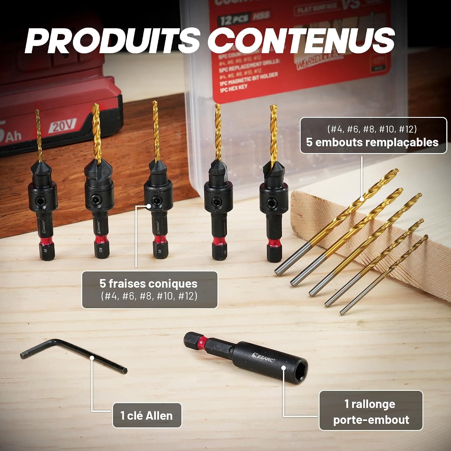 EZARC Lot de 12 forets coniques réglables pour le travail du bois avec boîte de rangement