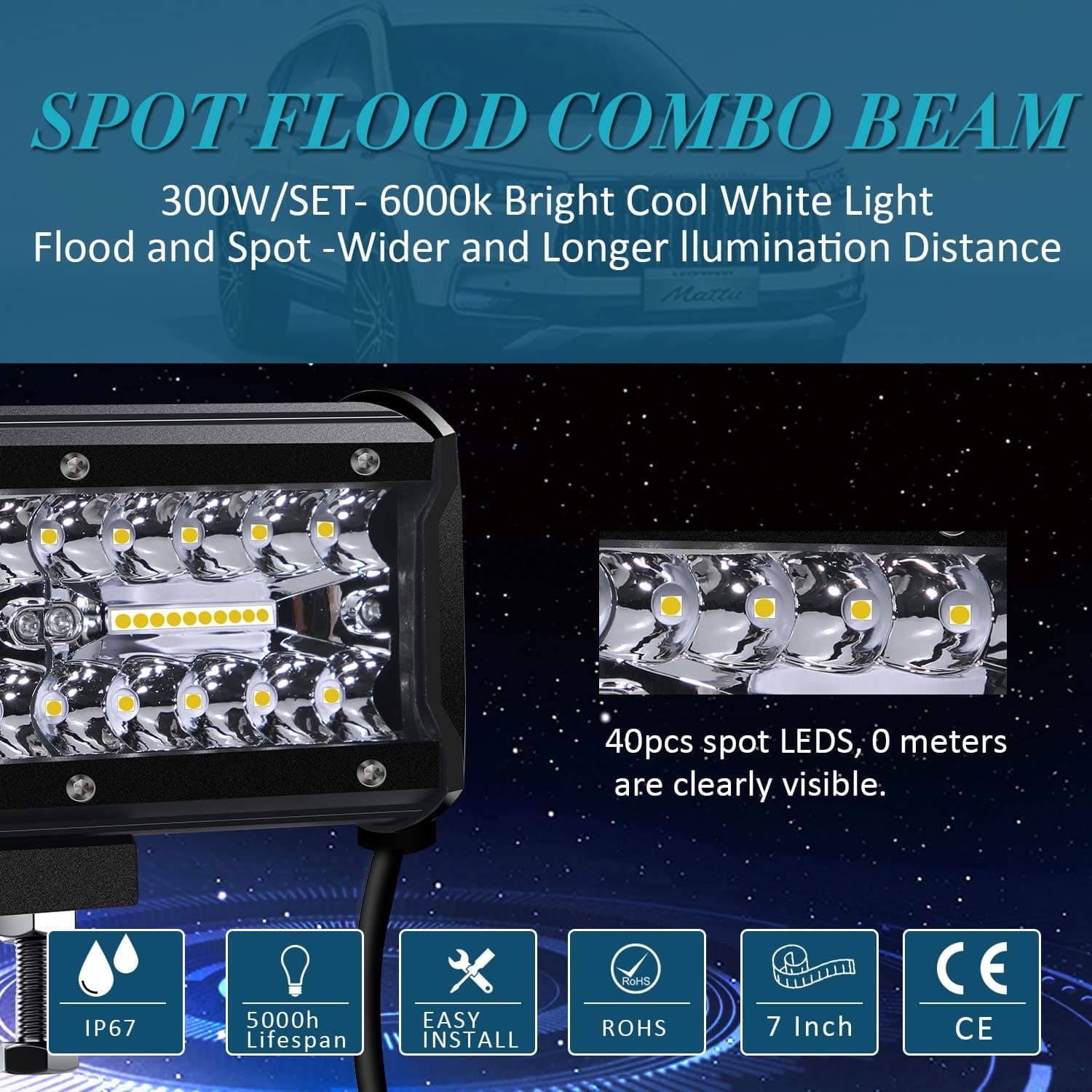 Phare de Travail 12V 300W 7'' Projecteur LED Voiture 12v Etanche IP67 Spot Flood Feux Antibrouillard 27,000lm Camion Tracteur SUV Bateau(2 PCS)