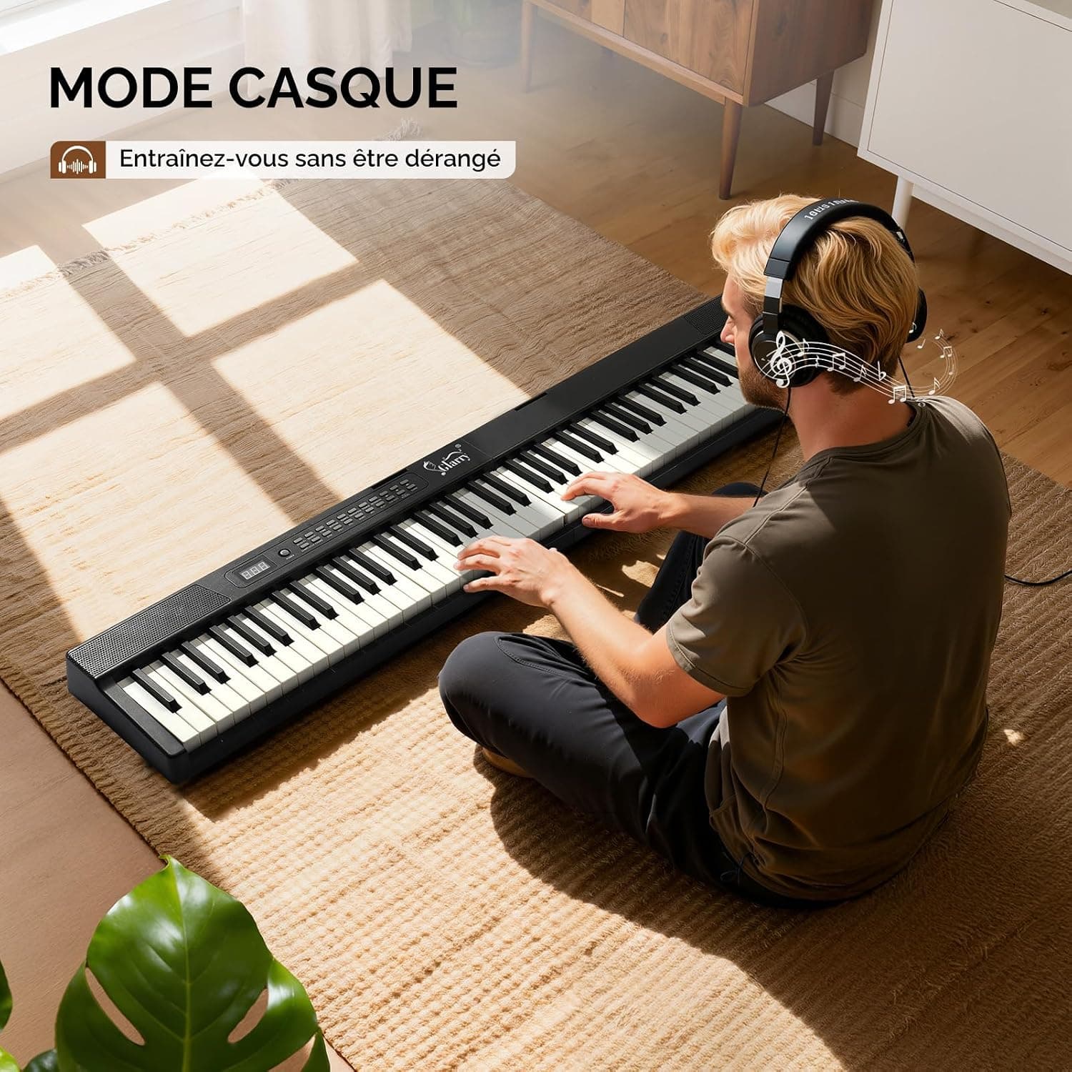 Bonnlo Piano Numérique Pliable GPPS01-106 à 88 touches, Clavier Semi-Lesté Standard, avec MIDI, Bluetooth, Sac à Main et Casque Audio Inclus, Noir