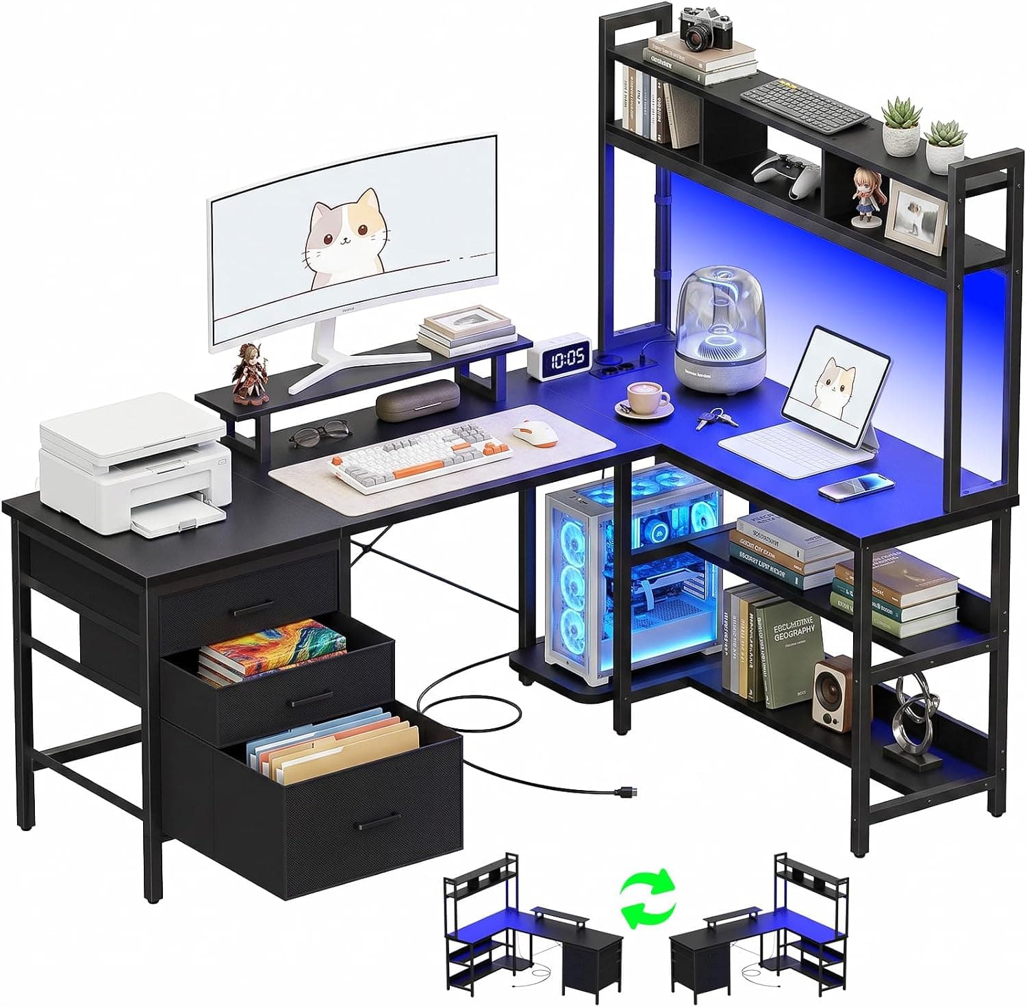 Homieasy Bureau d'angle Gaming 150cm LED, Prises, Tiroirs, Noir