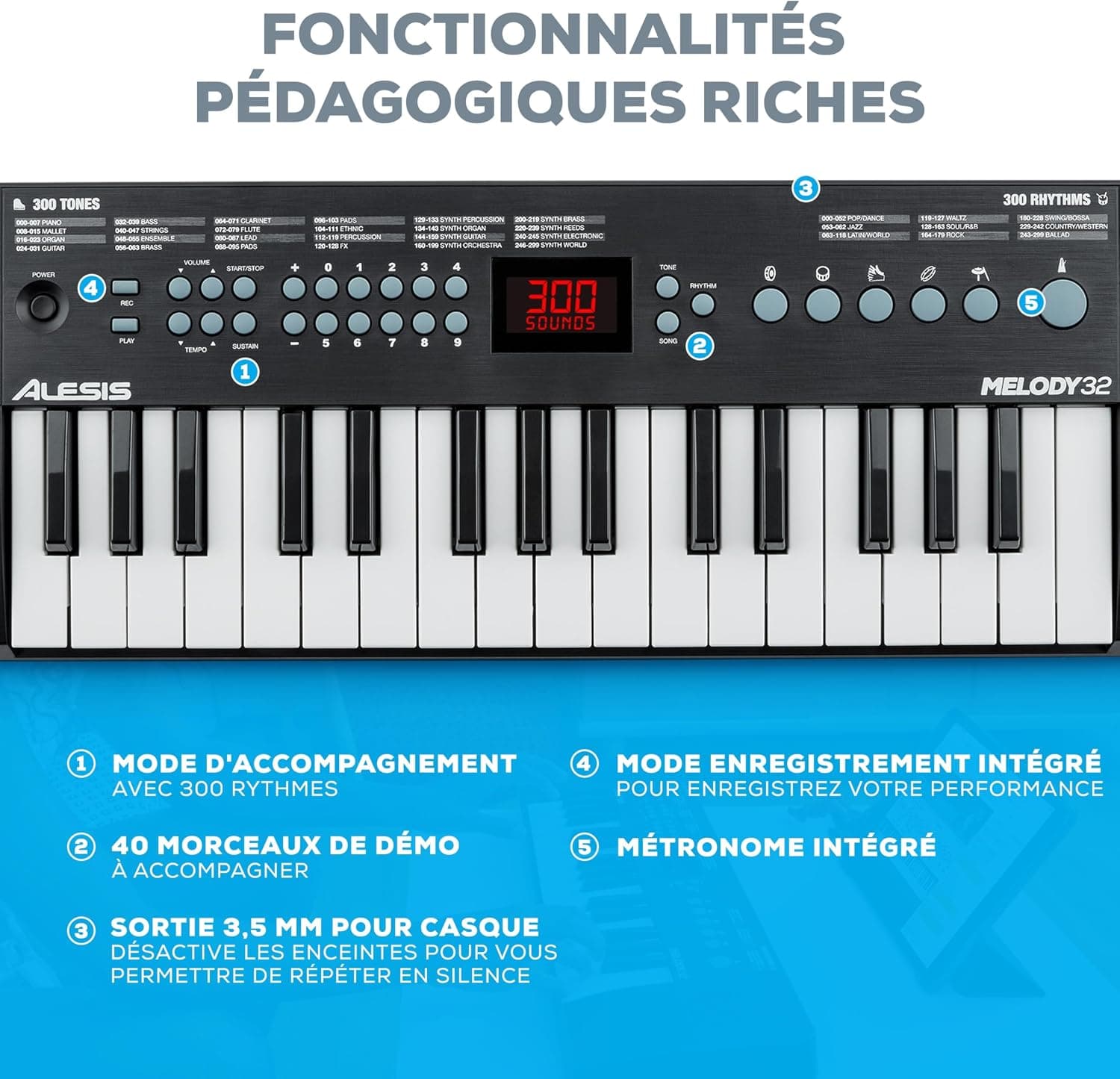 Alesis Melody 32 Mini Clavier Piano | 32 Touches, 300 Sons, Alimentation USB/Pile, Cours de Piano Inclus, pour Débutants