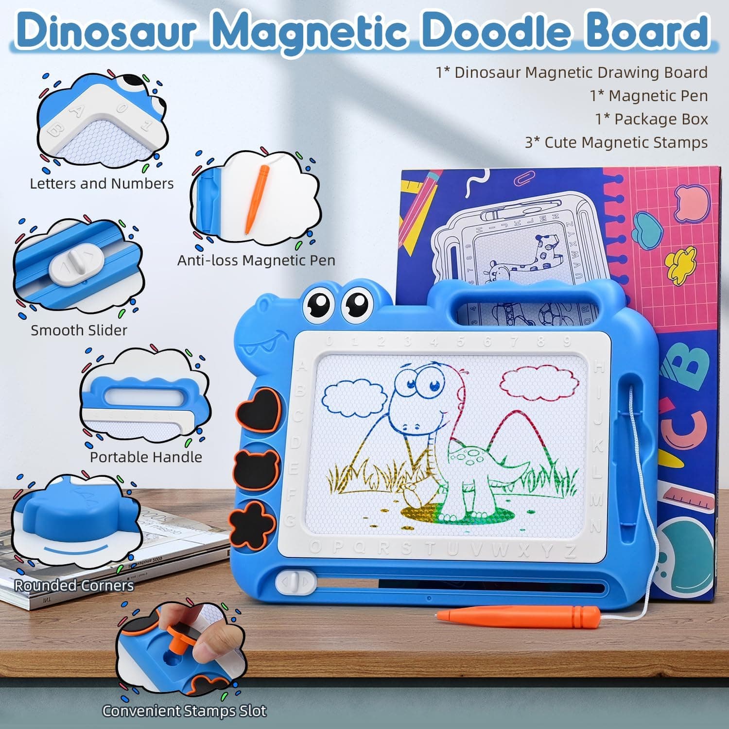 AiTuiTui Dinosaure Ardoise Magique Jouet Enfant 3 4 5 Ans, Ardoise de Gribouillage Magnétique Effaçablem Jeu Educatif Cadeau 3-5 Ans Filles Garçons, 4 Zones de Couleur 3 Tampons 1 Stylo, Bleu