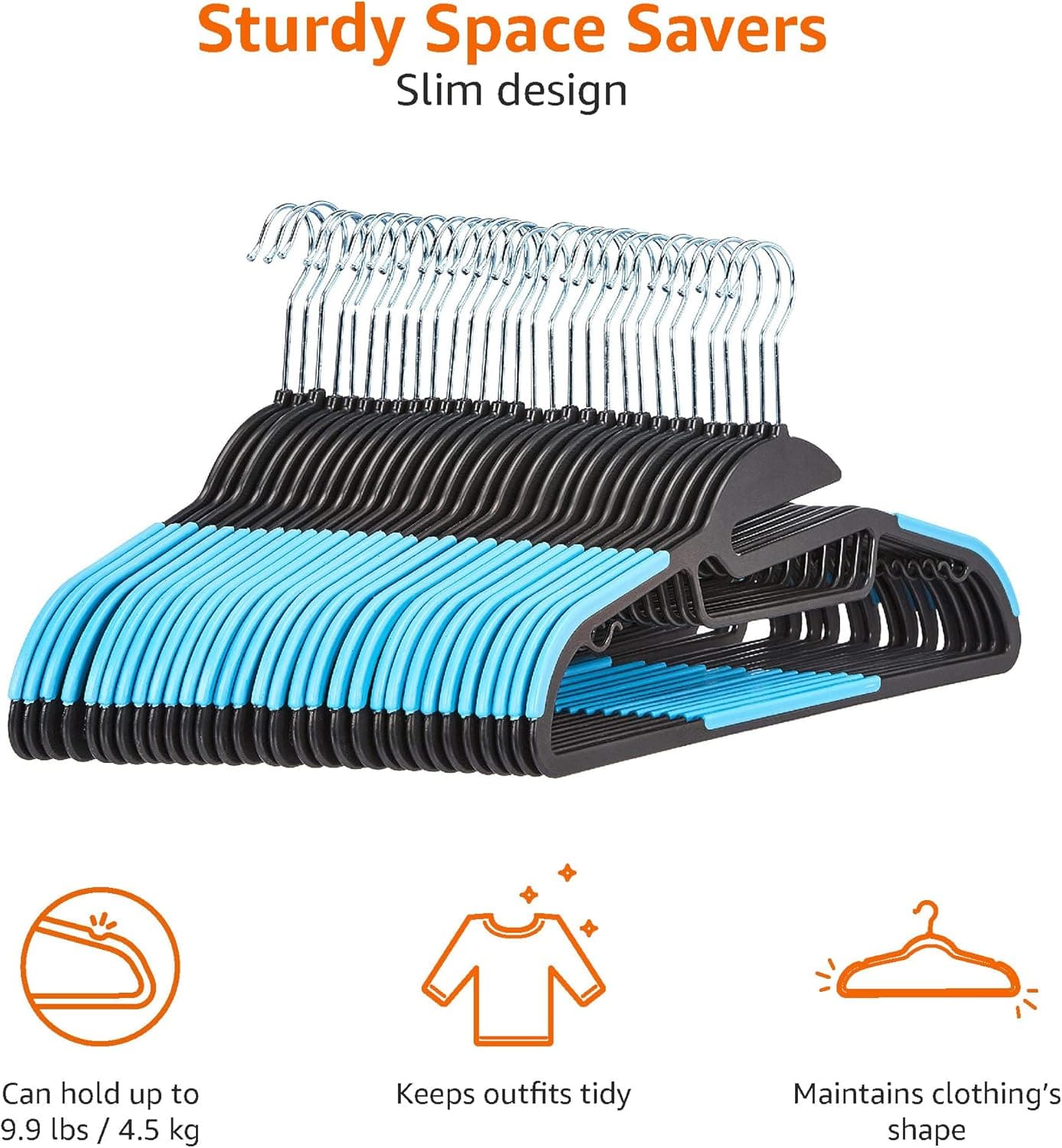 Amazon Basics Lot de 30 cintres en plastique ultra robustes antidérapants avec caoutchouc et barre horizontale, Bleu