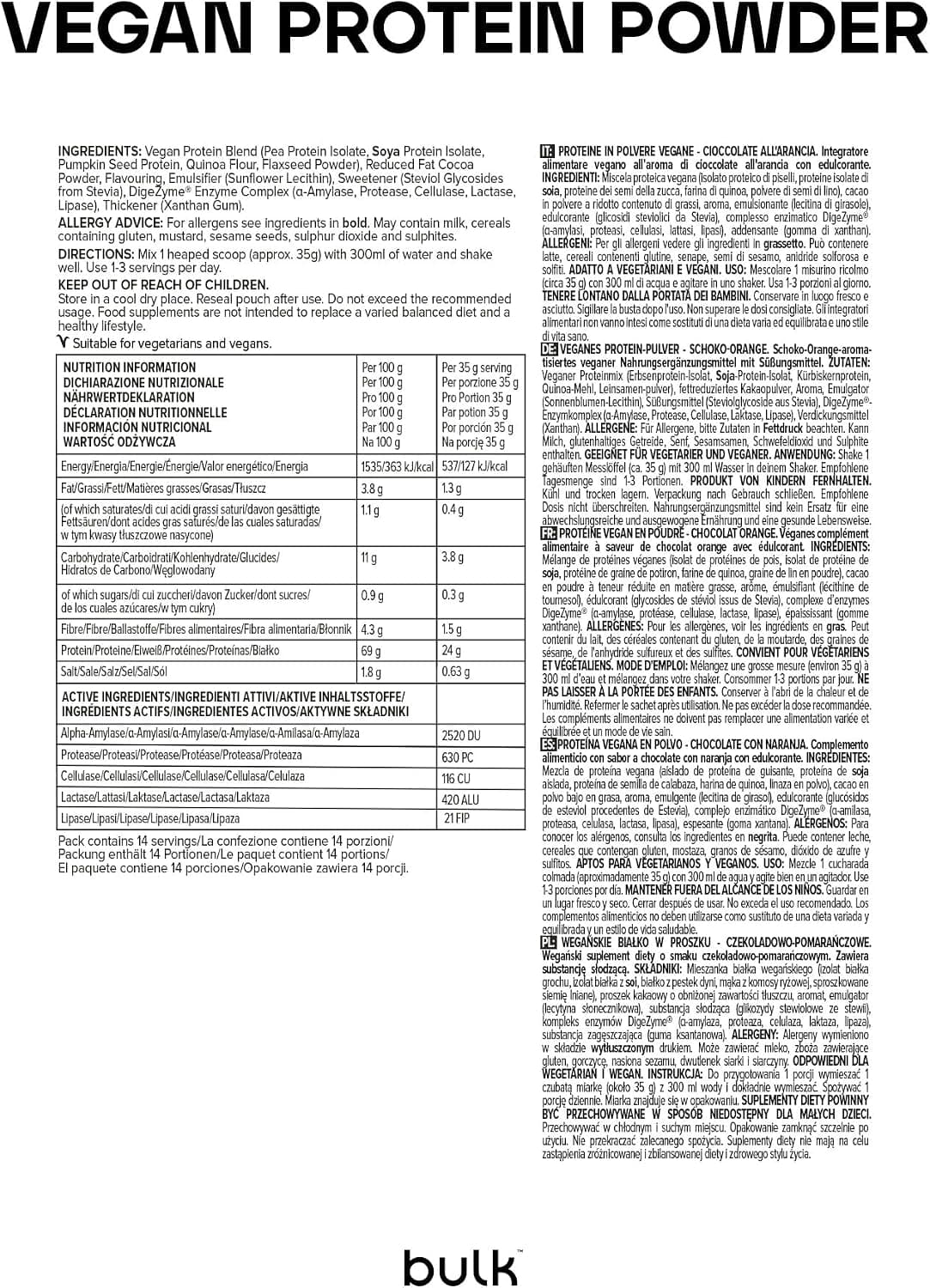 Bulk Vegan Protein Powder, Chocolate Orange, 2.5 kg | Shake protéiné végétal, New & Improved Formula