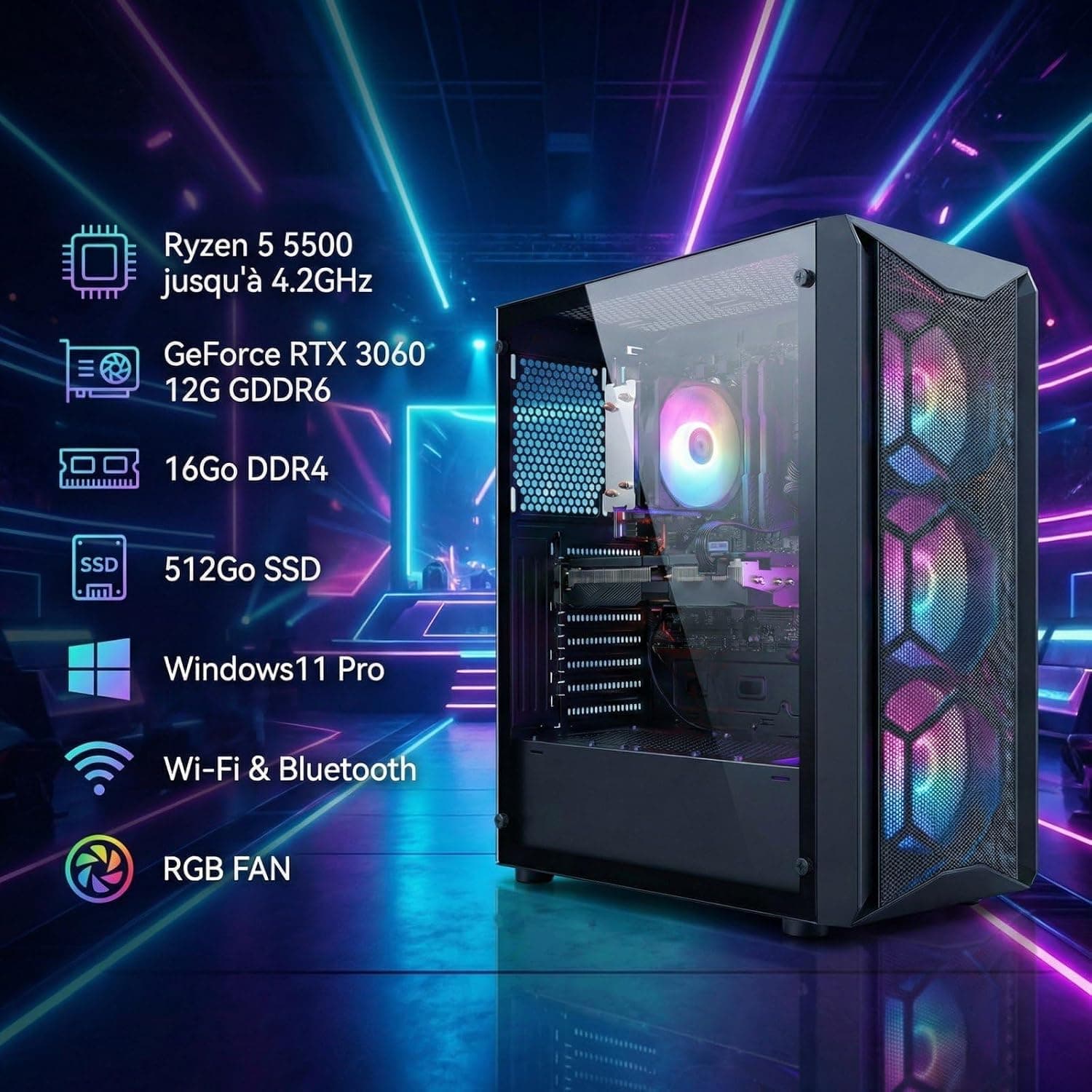 STGsivir PC Gamer Fixe, Ryzen 5 5500, RTX 3060 12G, 16G DDR4 RAM, 512G SSD
