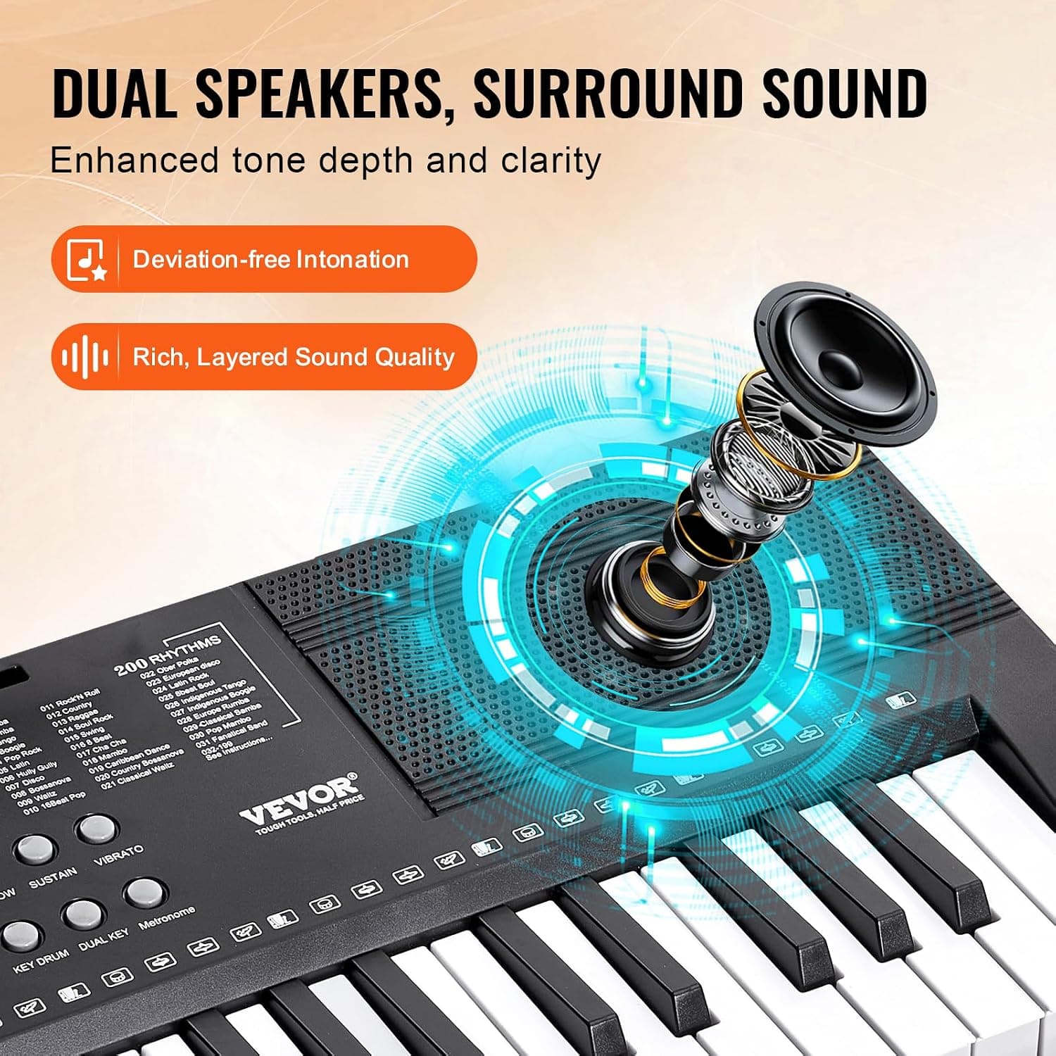 VEVOR Clavier Piano Numérique, 61 Touches, Ensemble Piano à Clavier Électrique Portable, 200 Tons, 200 Rythmes, 60 Chansons de Démonstration, Haut-parleurs Intégrés, Casque, Microphone, pour Débutants