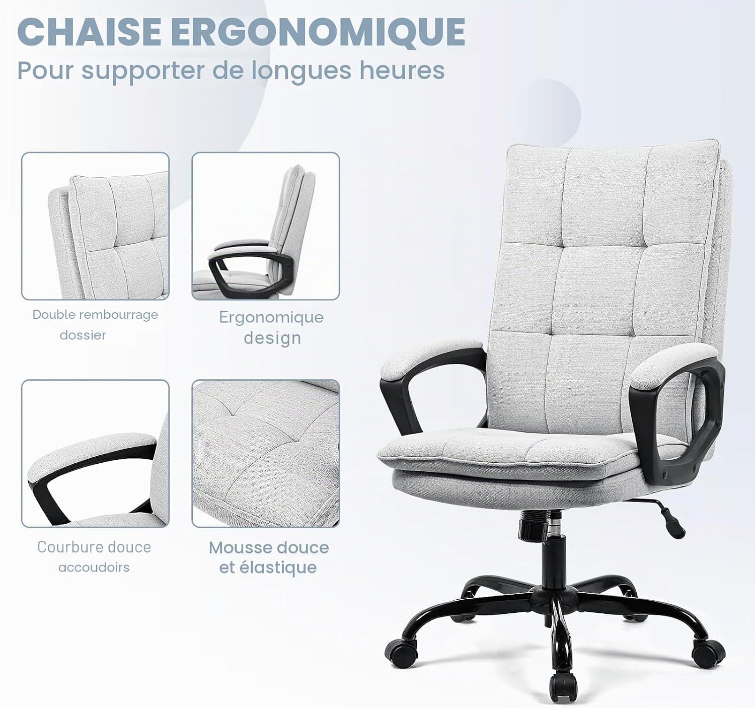 BASETBL Chaise de Bureau Ergonomique pivotante pour PC, Tissu, Gris, Standard