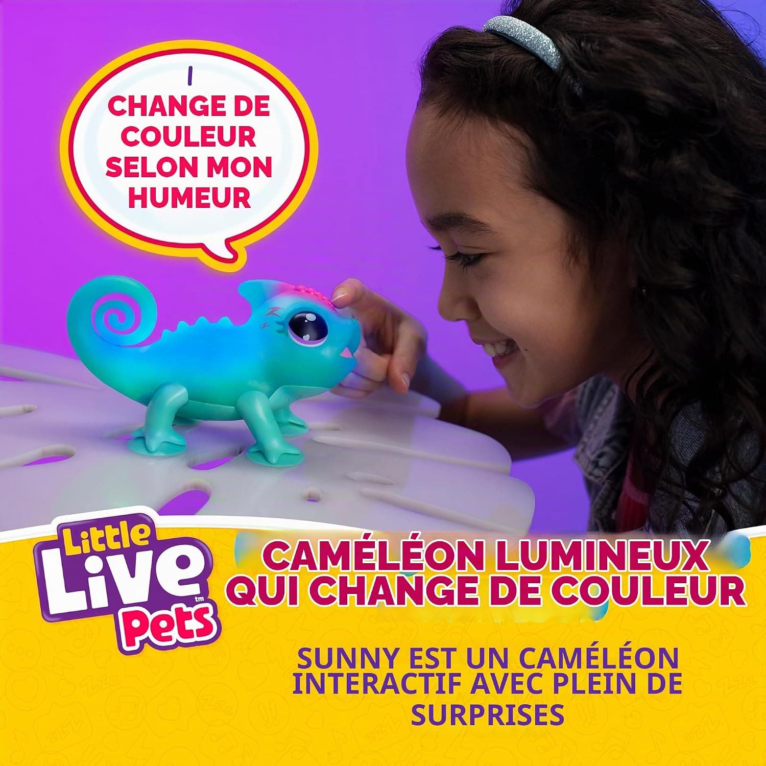 Little Live Pets - Sunny Le caméléon Lumineux, Jouet interactif Lumineux Multicolore, Plus de 30 Sons, Plus de 10 humeurs, Répète après toi, Détecte Les Sons (Piles incluses, à partir de 5 Ans) 26364