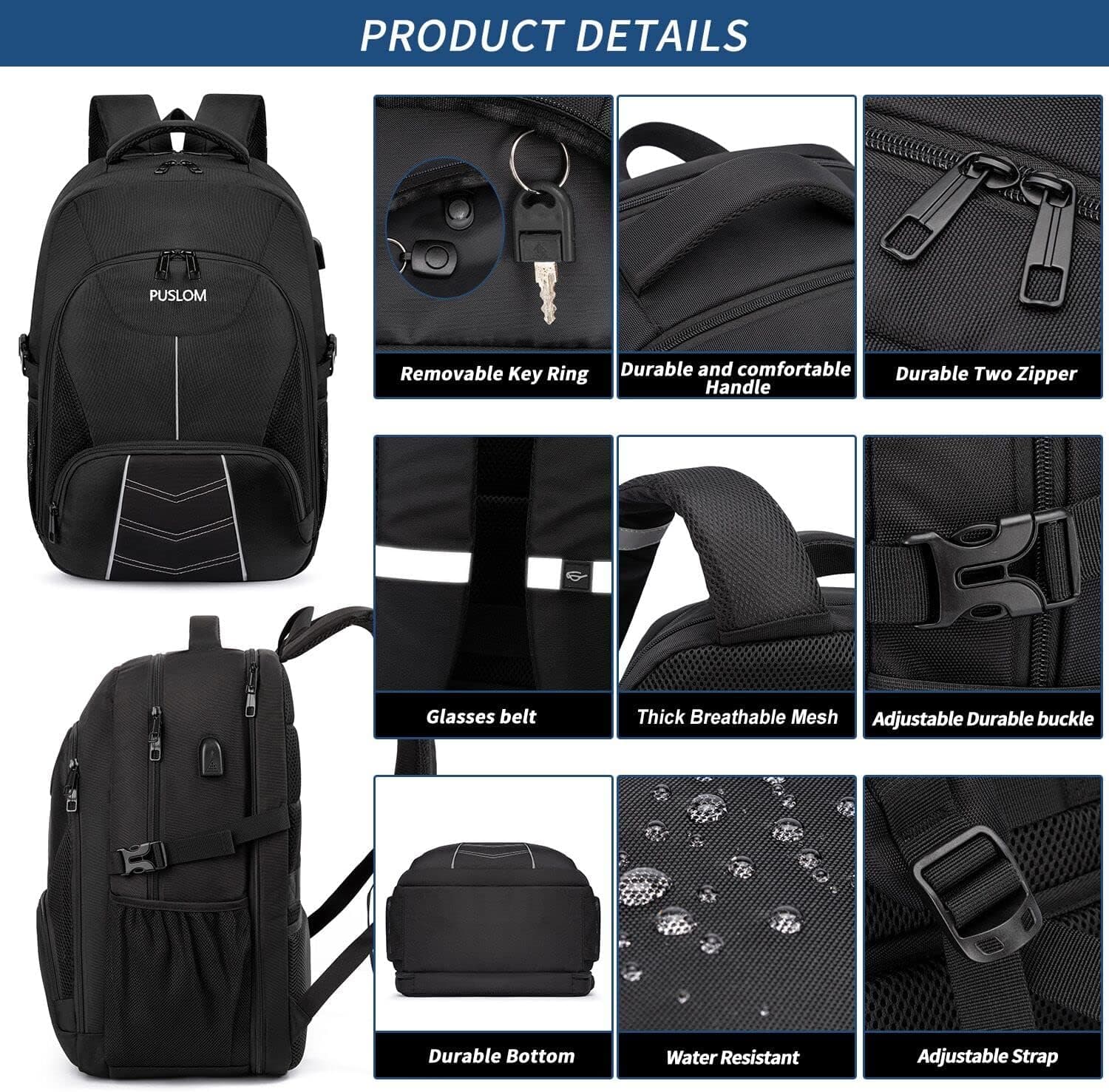 Sac à Dos Homme Grand 55L 18.4 Pouces Antivol Imperméable avec Chargement USB pour Ordinateur Portable Voyage Affaires Loisir Scolaire Collège - Noir
