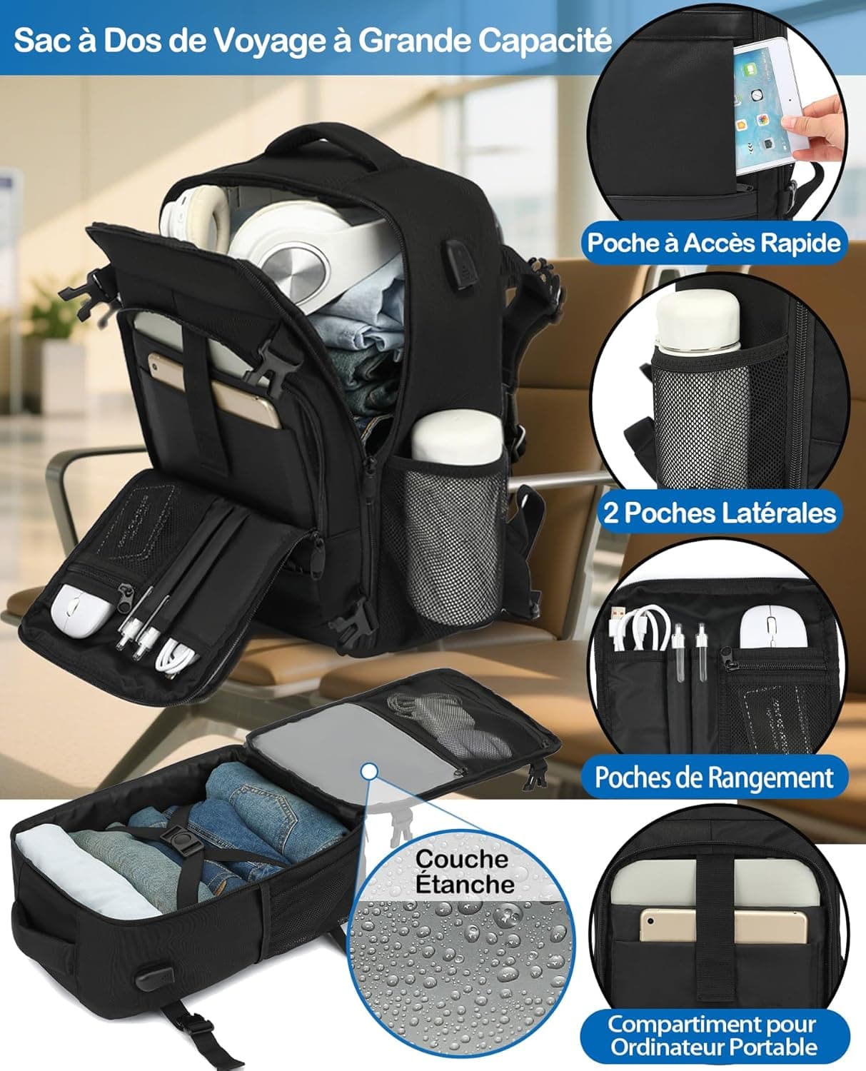 KLOSTAIN Sac à Dos Voyage Cabine Avion 45x36x20 pour Easyjet 30L Bagage Cabine Grande Bagage à Main sous Le Siège Sac à Dos Homme pour Ordinateur Portable 14 Noir
