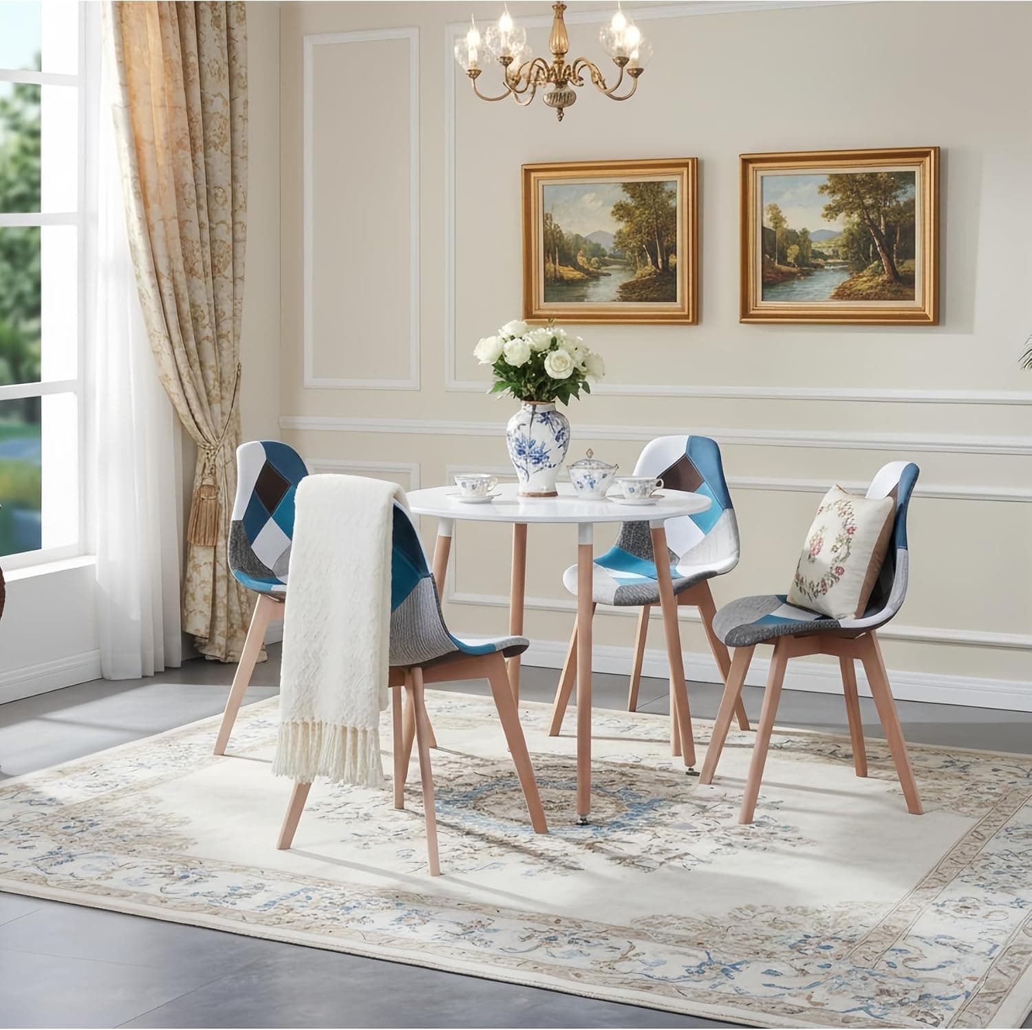 Lot de 4 chaises de Salle à Manger, Fauteuil scandinave Patchwork rembourré pour Cuisine et Bureau, Coussin de siège en Coton et Lin, Pieds croisés en hêtre (Bleu, 4)
