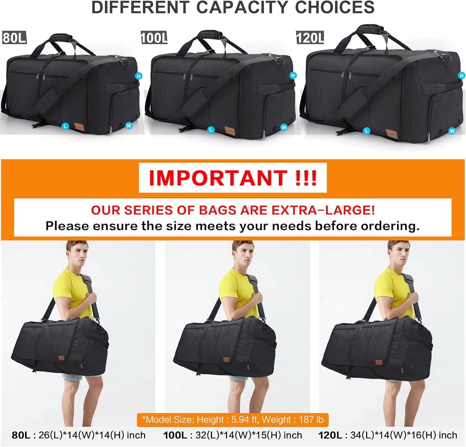 Urtala Sac de Voyage Pliable pour Homme et Femme, 120L Grand Sac Voyage | Compartiment à Chaussures, Sac à Main étanche