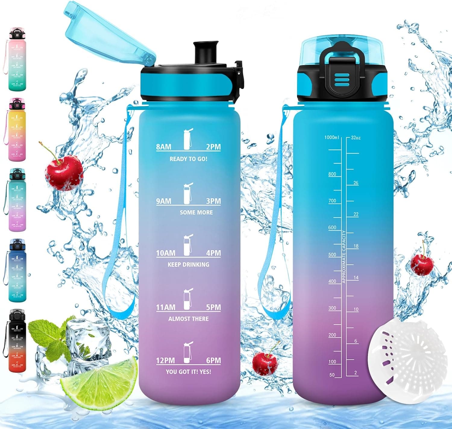 Gourde Sport, Sans BPA, Étanche & Réutilisable, Bouteille d'Eau avec Marqueur de Temps et Filtre, Convient Pour Enfant & Adulte