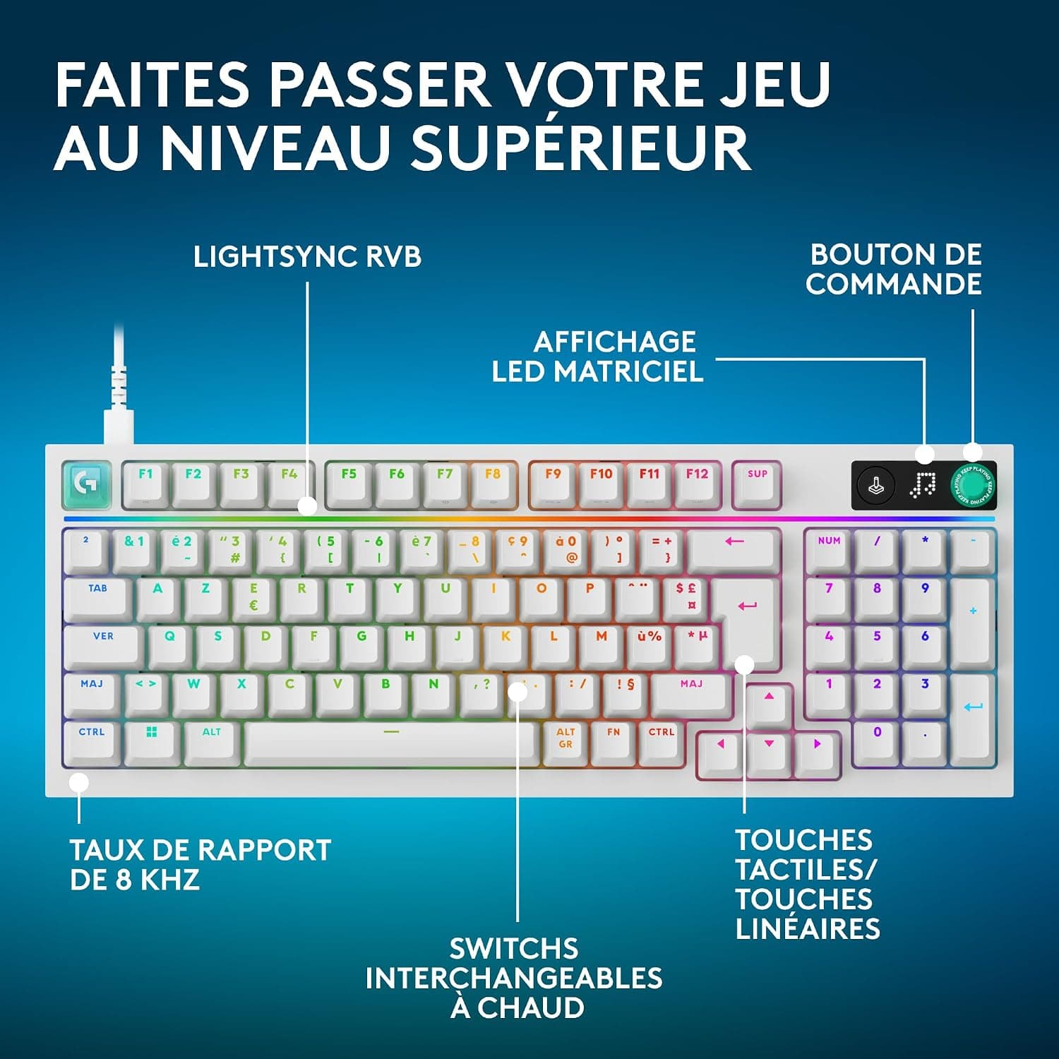 Logitech G G316 X 98, Clavier Gaming | 8 kHz, switchs tactiles hot-swap, structure joint, LED & molette, touches PBT, USB-C, RVB LIGHTSYNC, PC, FRA AZERTY - Blanc