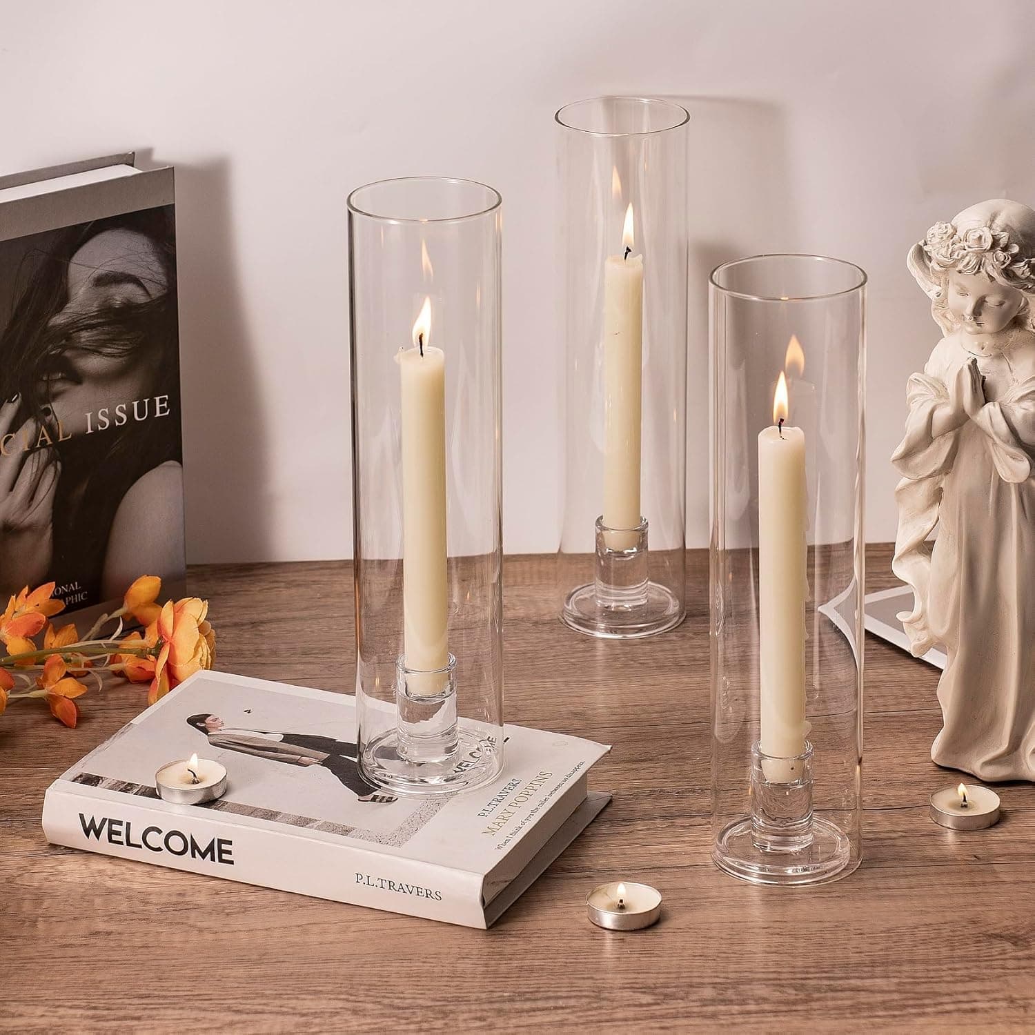 Hurricane Lot de 2 bougeoirs en verre transparent de 30 cm pour bougies coniques, centre de table, fête de mariage, décoration d'événement
