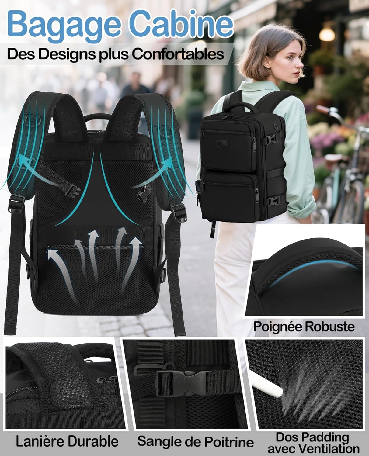 Bagage Cabine 45x36x20 pour Easyjet Sac a Dos Voyage Cabine Avion Sac à Dos Voyage 30 L Bagage à Main pour Femme Homme Ordinateur Portable 15.6 Pouces(Noir,M)