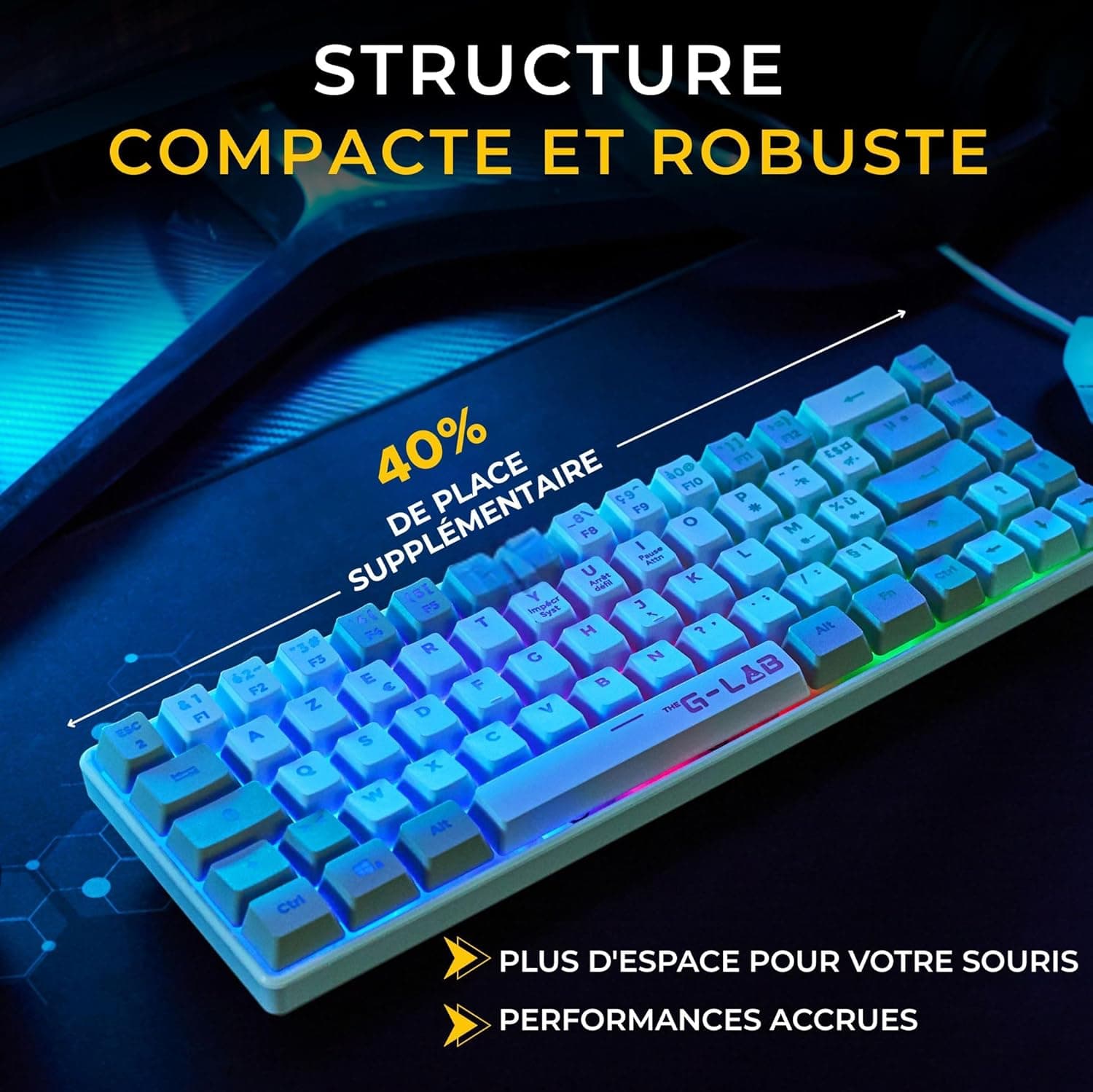 The G-Lab Keyz Hydrogen - Clavier Gamer Semi-mécanique 60% RGB AZERTY FR | Filaire USB, Format 60% Compact, Semi-mécanique, Rétroéclairage Multicolore, Silencieux, Blanc/Gris