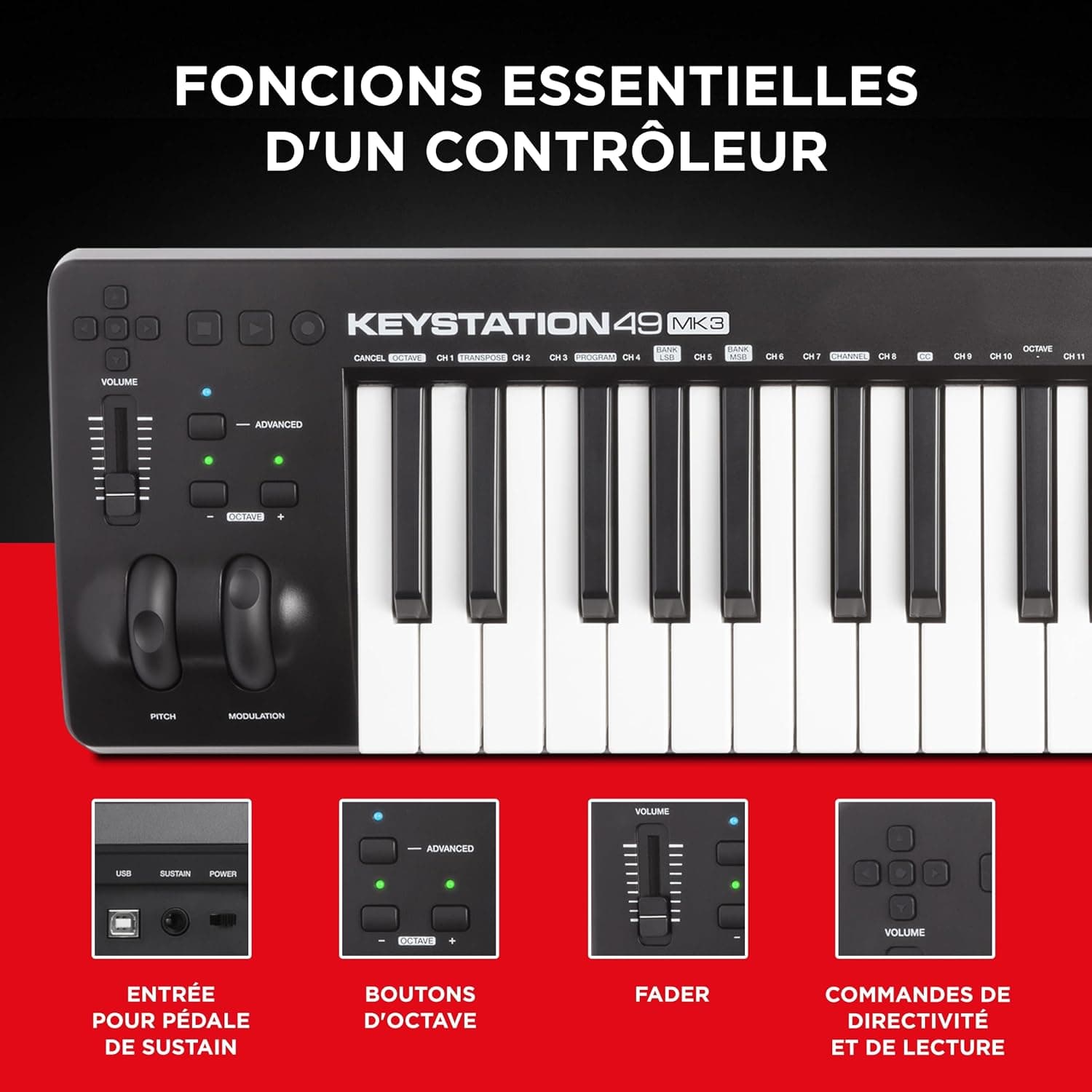 M-AUDIO Keystation 49 MK3 Controleur USB MIDI | Clavier 49 Touches Synth-Action, Commandes Assignables, Molettes Pitch/Mod et Logiciel DAW Inclus