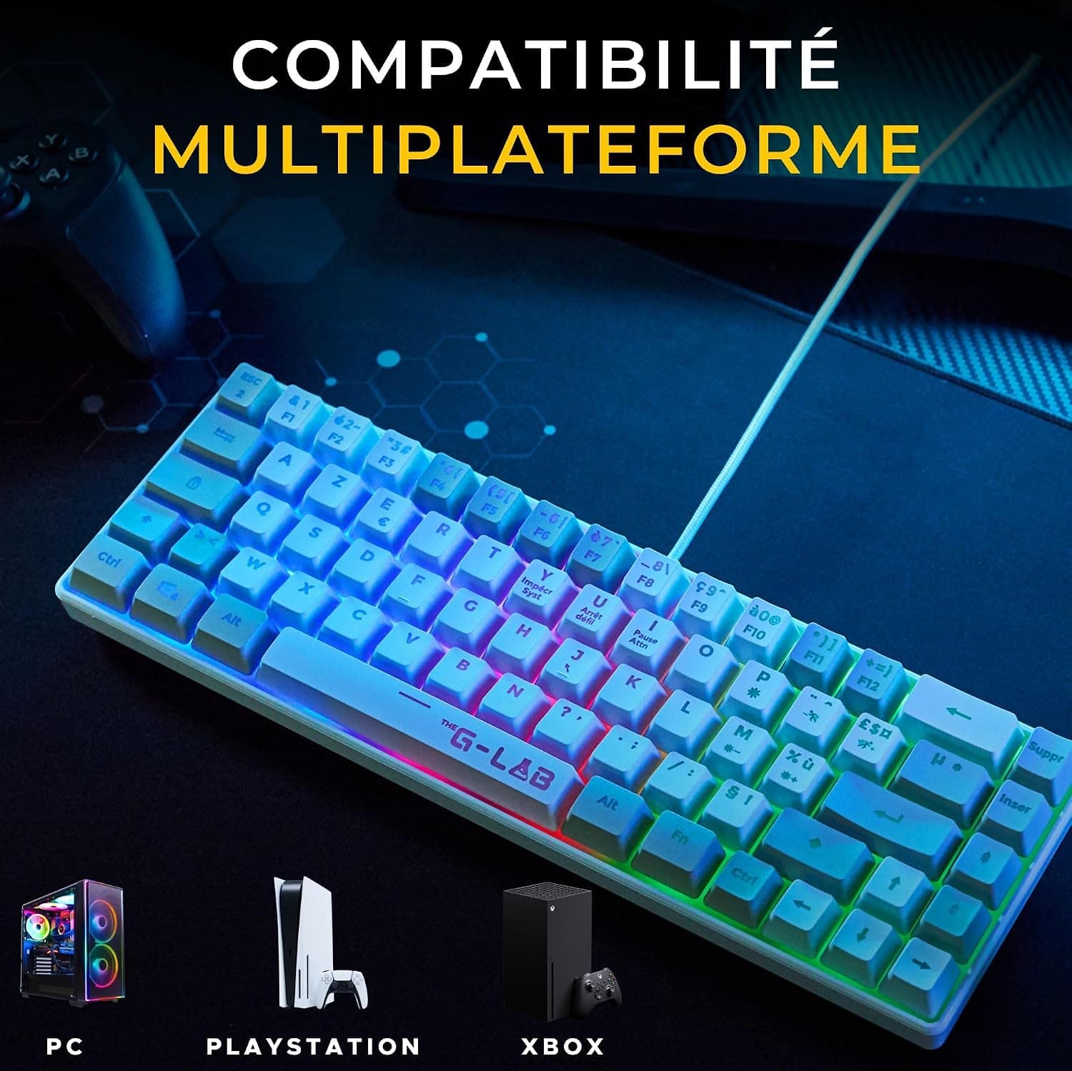 The G-Lab Keyz Hydrogen - Clavier Gamer Semi-mécanique 60% RGB AZERTY FR | Filaire USB, Format 60% Compact, Semi-mécanique, Rétroéclairage Multicolore, Silencieux, Blanc/Gris