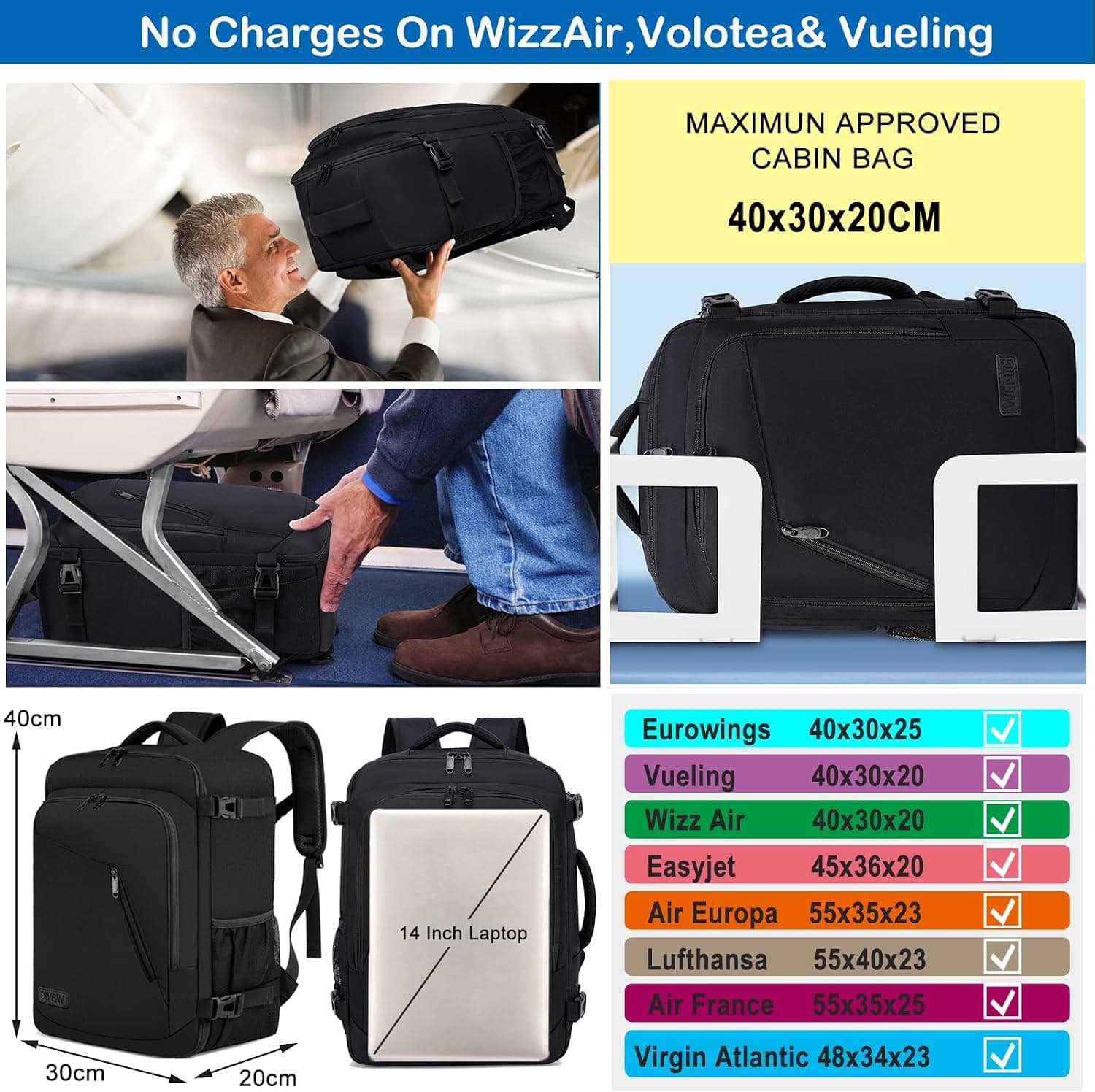 WENIG Bagage Cabine 40x30x20 pour Ryanair Sac à Dos Voyage Cabine Avion pour Wizzair Eurowings 24L Bagage à Main avec USB Charging Port Sac à Dos Ordinateur Portable 14 Pouces Homme Femme Noir