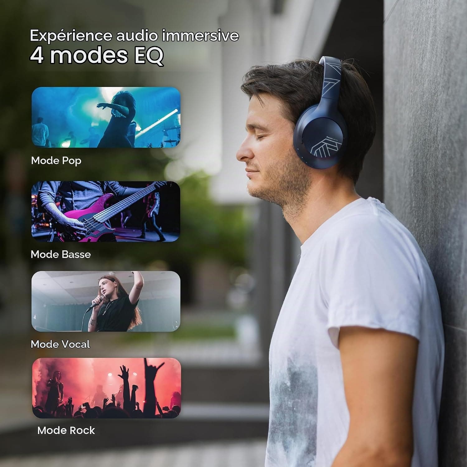 PowerLocus Casque Bluetooth sans Fil, 50 h de Jeu, Casque Audio Bluetooth 5.3 avec 4 Modes EQ, Pliable, HiFi Stereo, avec Microphone pour iPhone/Voyage/PC (Bleu)