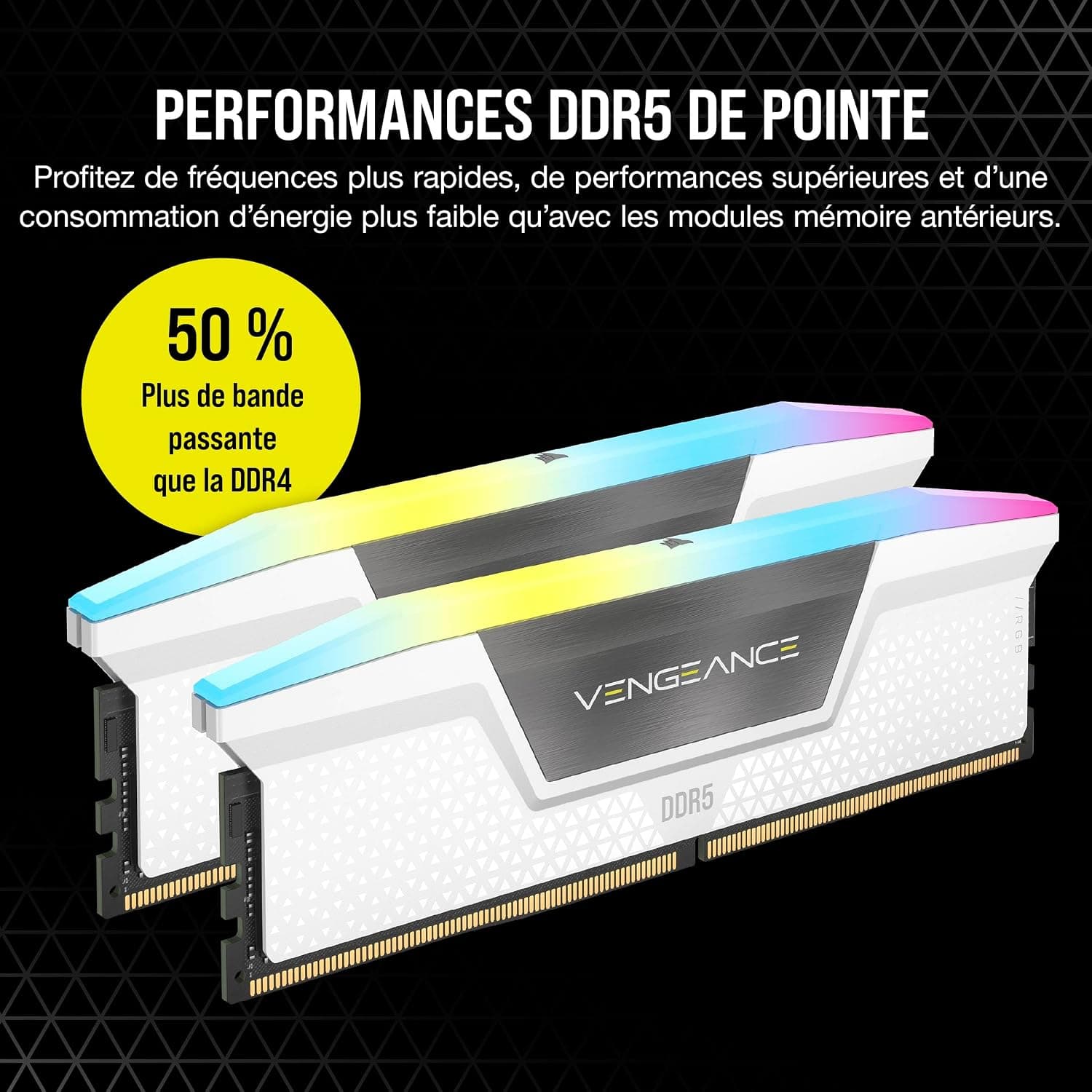 CORSAIR Vengeance RGB DDR5 32Go (2 x 16Go) Jusqu'à 6000MHz Intel RAM | Mémoire pour Ordinateur de Bureau, Compatible Intel XMP 3.0, CL36, Blanc, CMH32GX5M2E6000C36W