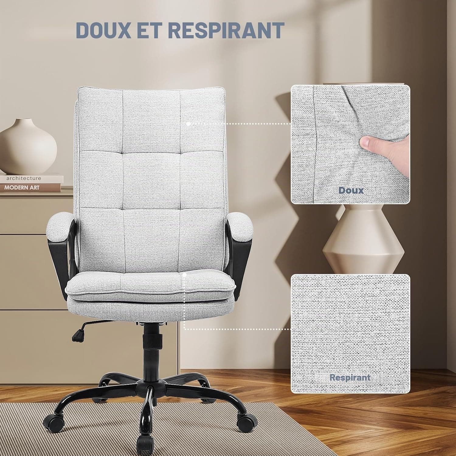 BASETBL Chaise de Bureau Ergonomique pivotante pour PC, Tissu, Gris, Standard