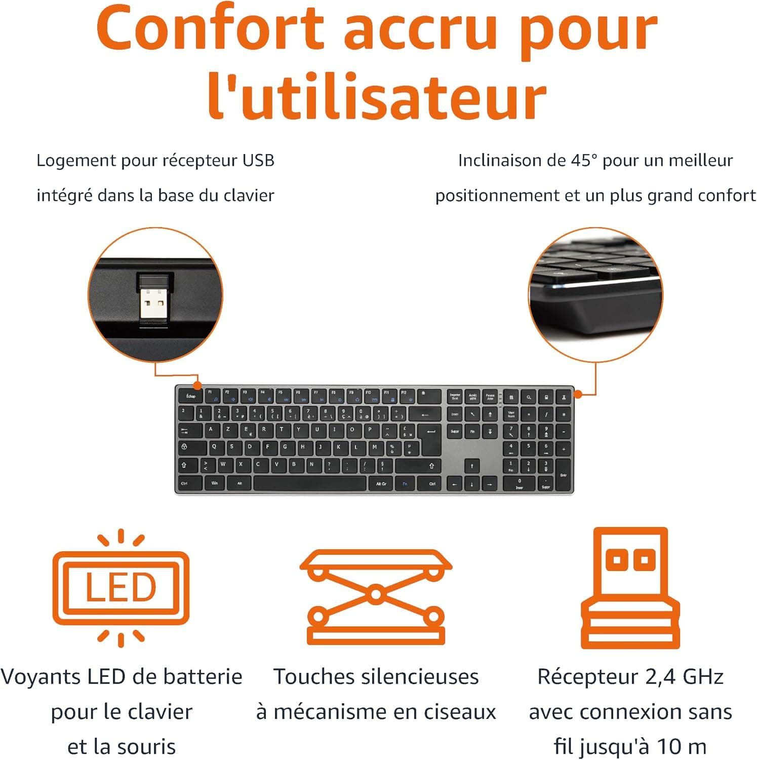 Amazon Basics souris sans fil rechargeable - Clavier complet ultra-mince et silencieux avec pavé numérique, FR Layout Gray, noir