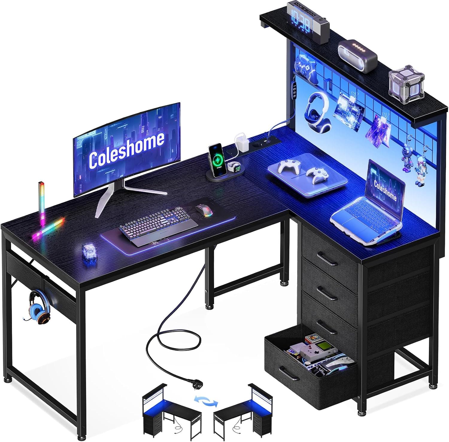 Coleshome Bureau Gaming LED, 110x80cm, Noir