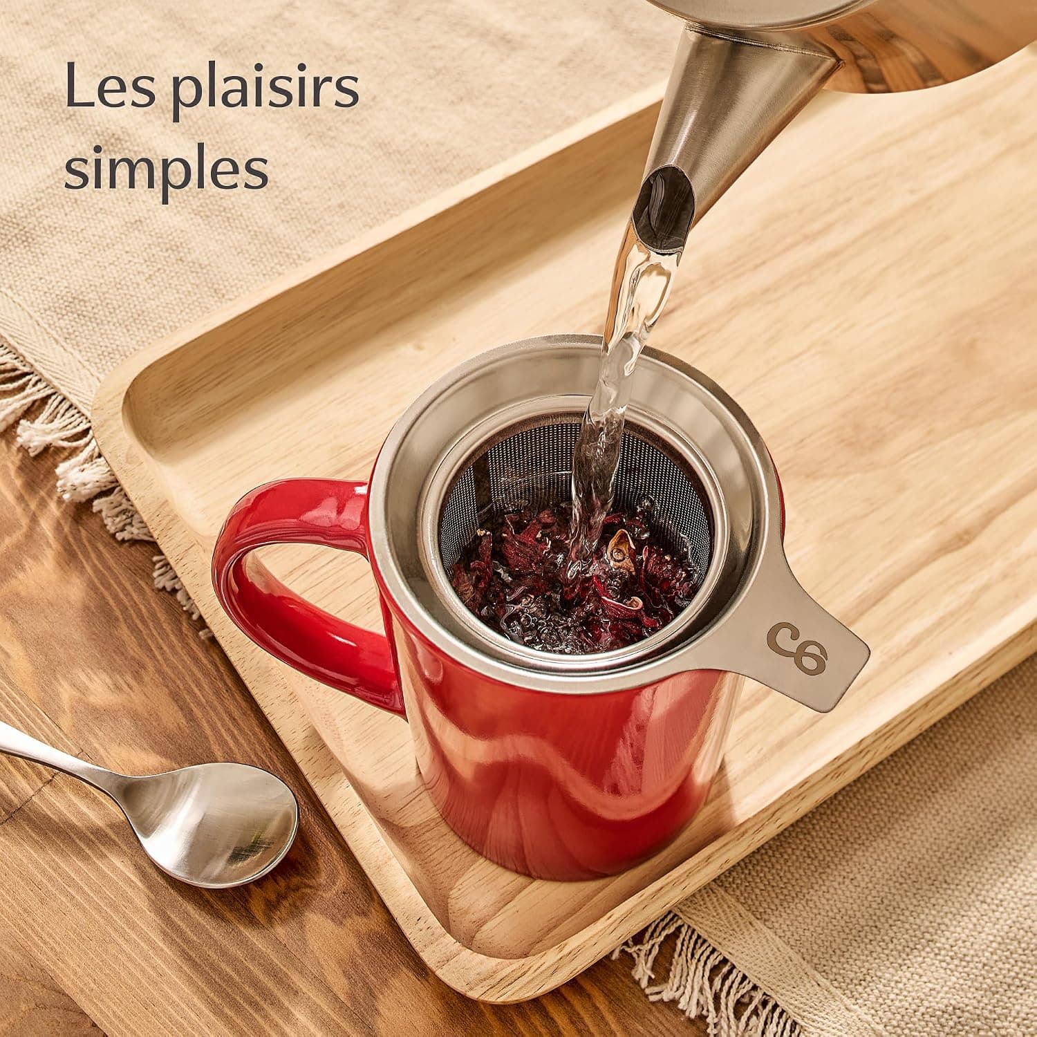 Cosumy Tasse à Thé avec Infuseur et Couvercle 400ml Grand - Céramique - Reste Chaud Longtemps (Rouge Rubis)