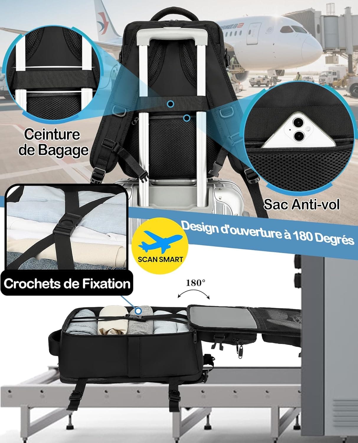 Bagage Cabine 45x36x20 pour Easyjet Sac a Dos Voyage Cabine Avion Sac à Dos Voyage 30 L Bagage à Main pour Femme Homme Ordinateur Portable 15.6 Pouces(Noir,M)