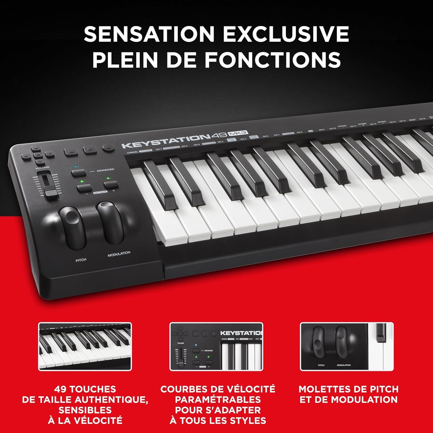 M-AUDIO Keystation 49 MK3 Controleur USB MIDI | Clavier 49 Touches Synth-Action, Commandes Assignables, Molettes Pitch/Mod et Logiciel DAW Inclus