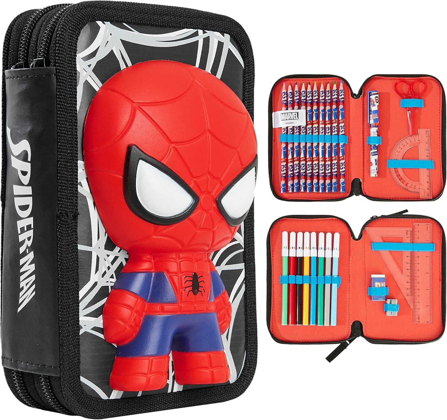 Marvel Spiderman Trousse Scolaire 2 Compartiments ou Trousse 3 Compartiments avec Fournitures Scolaires, Crayon, Kit Papeterie, Avengers Cadeau