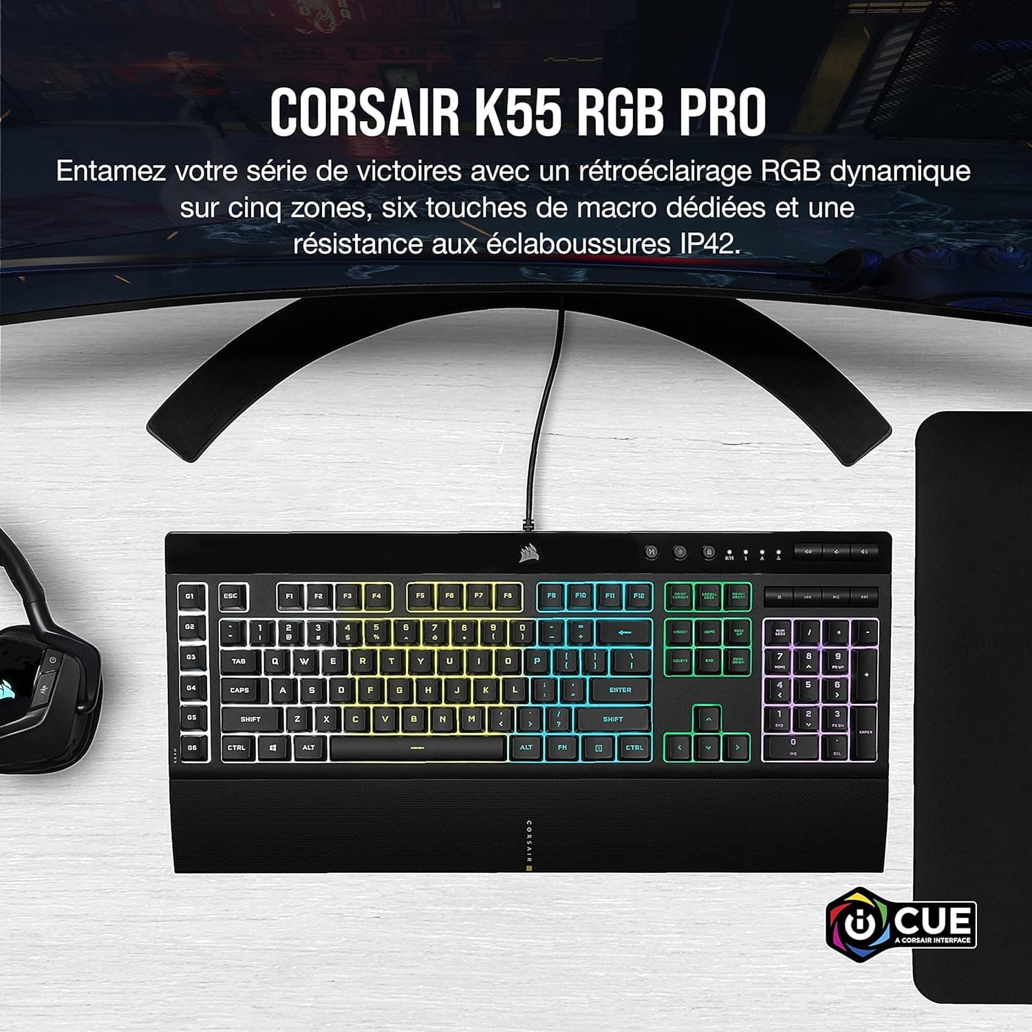 Corsair K55 RGB Pro Clavier de Jeu Filaire à Membrane (AZERTY FR) – Noir | IP42 Résistant à la Poussière et Aux éclaboussures, 6 Touches Macro Intégration Elgato, PC, Mac, Xbox