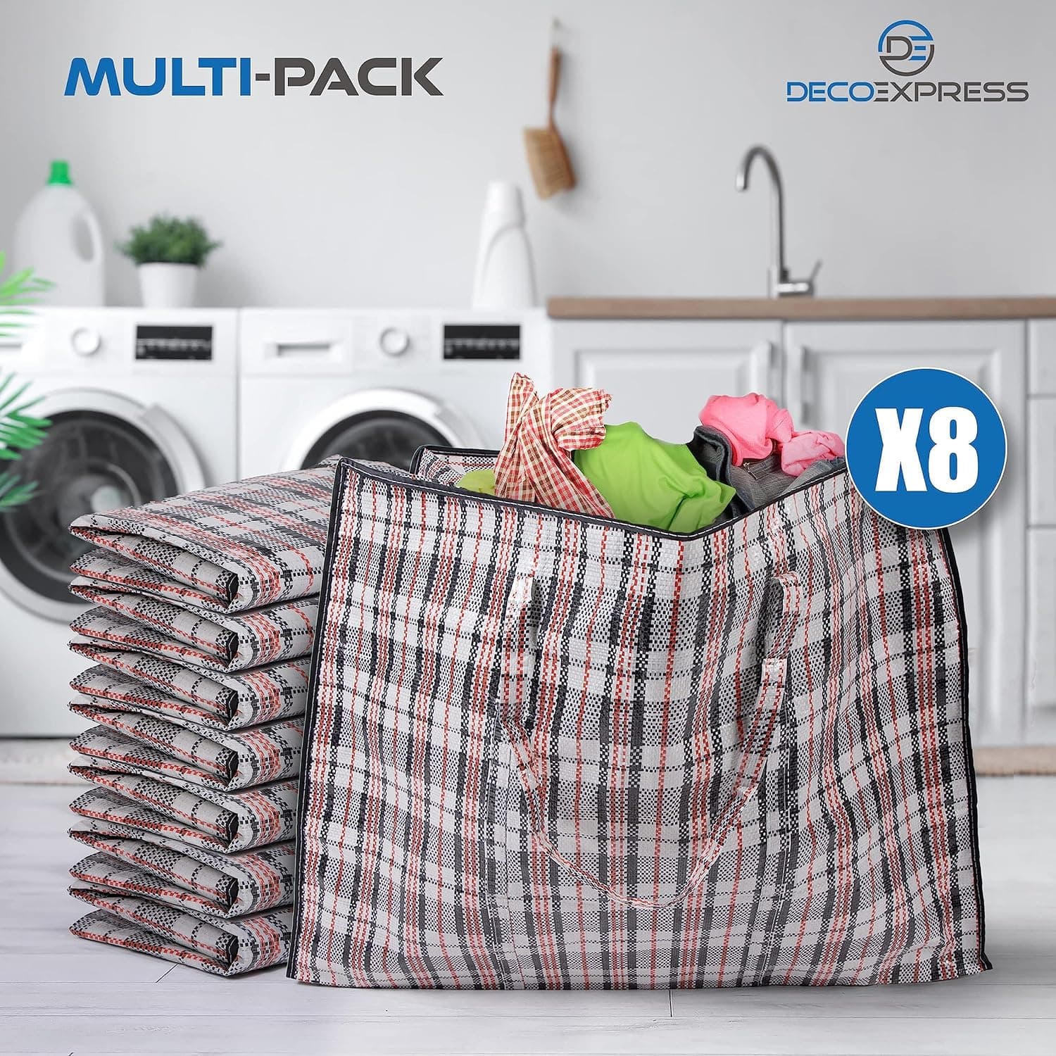 Deco Express Grand Sac de Rangement Buanderie, Lot de 8 XXL 107L 76x59x24cm, Fermeture Eclair Sac Demenagement, Rangement pour Vêtements et Penderies (76 X 59 X 24 CM)