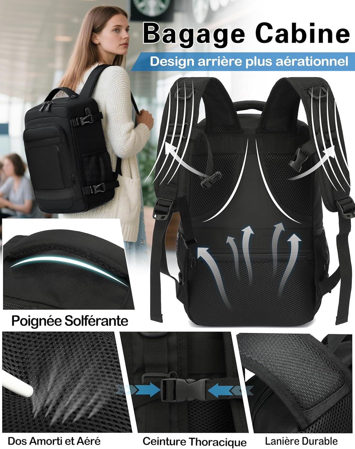 KLOSTAIN Sac à Dos Voyage Cabine Avion 45x36x20 pour Easyjet 30L Bagage Cabine Grande Bagage à Main sous Le Siège Sac à Dos Homme pour Ordinateur Portable 14 Noir