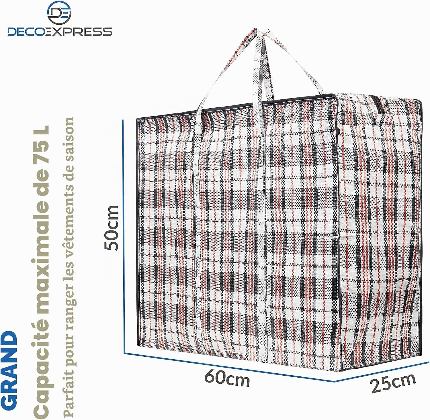 Deco Express Sac de Rangement Buanderie, Lot de 5 75L 60 x 50 x 25 cm, Fermeture Eclair Sac Demenagement, Rangement pour Vêtements et Penderies (60 X 50 X 25 CM)
