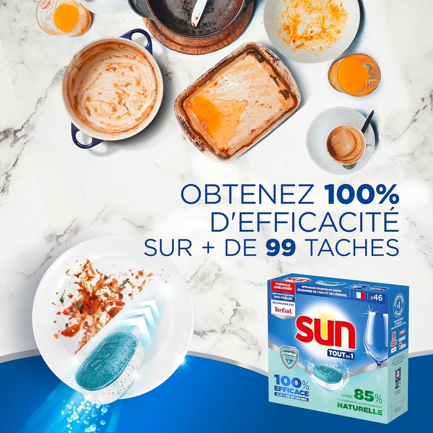 SUN - pastilles lave-vaisselle Tout en 1 Hygiène - 46 tablettes - avec 85% d'ingrédients d'origine naturelle - 100% efficace sur + de 99 taches