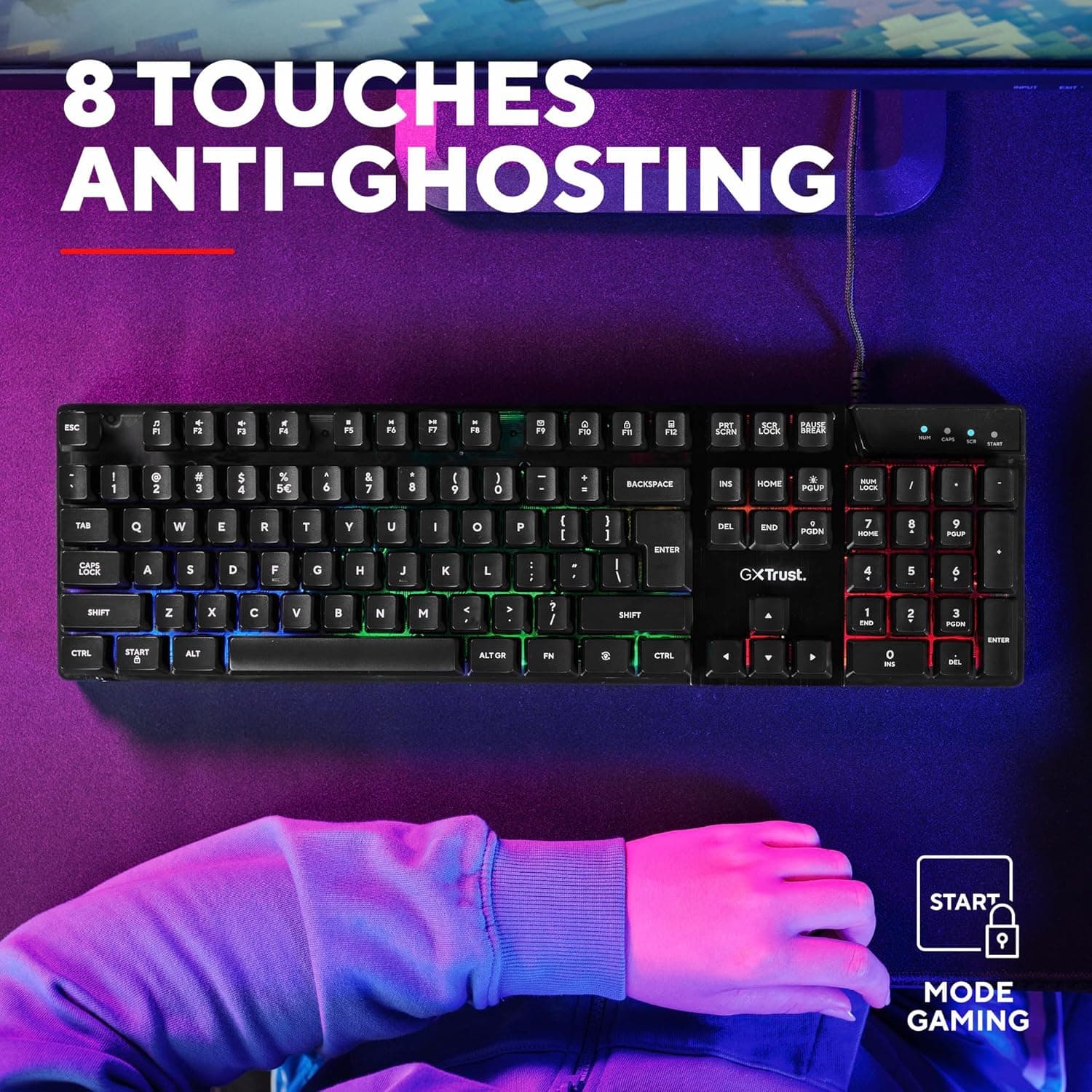 GXTrust Azor Clavier Gamer Filaire AZERTY Français, Éclairage LED, Noir | Mode Jeu, 8 Touches Anti-ghosting, Clavier Gaming à Membrane USB, LED Arc-en-Ciel, PC/Ordinateur Portable