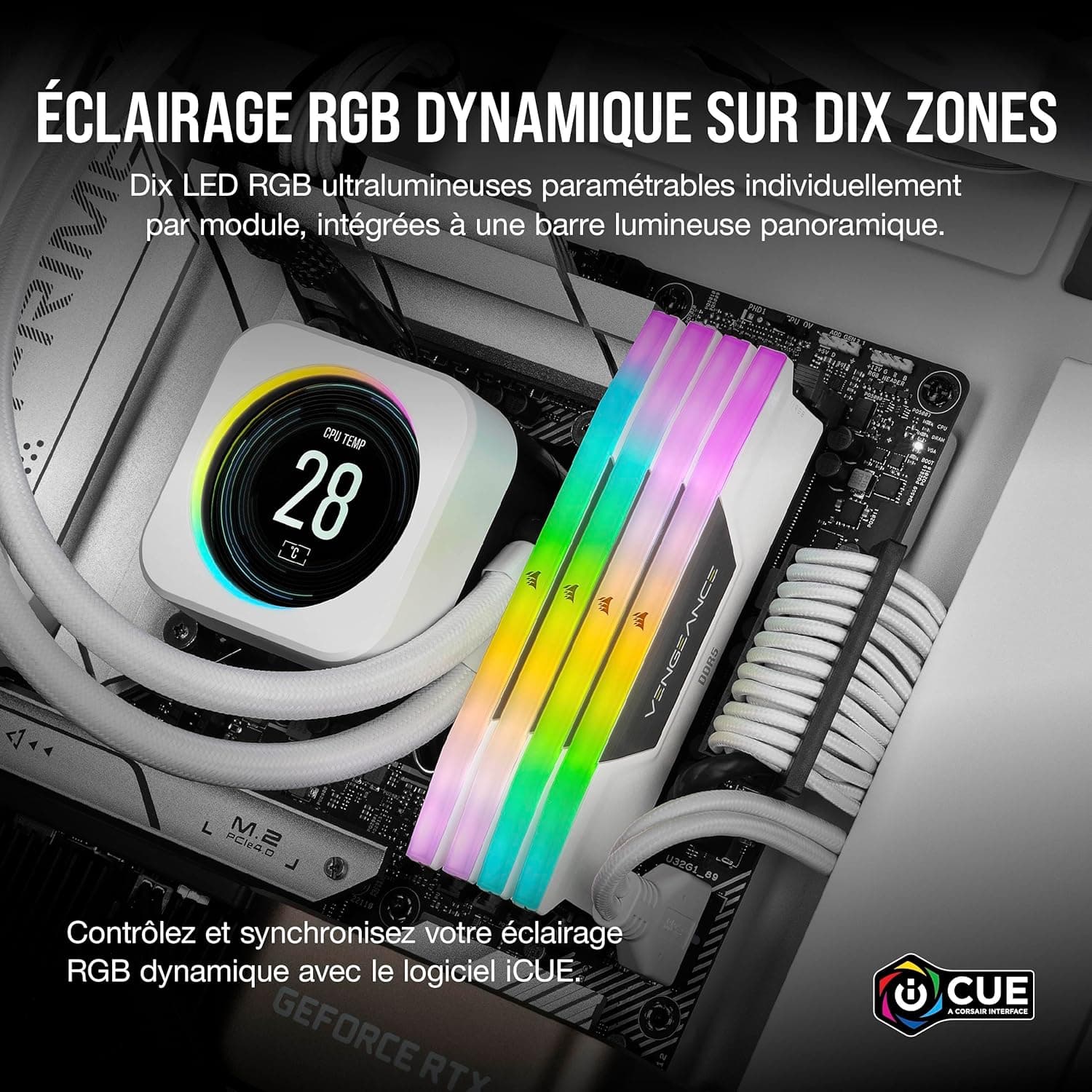 CORSAIR Vengeance RGB DDR5 32Go (2 x 16Go) Jusqu'à 6000MHz Intel RAM | Mémoire pour Ordinateur de Bureau, Compatible Intel XMP 3.0, CL36, Blanc, CMH32GX5M2E6000C36W
